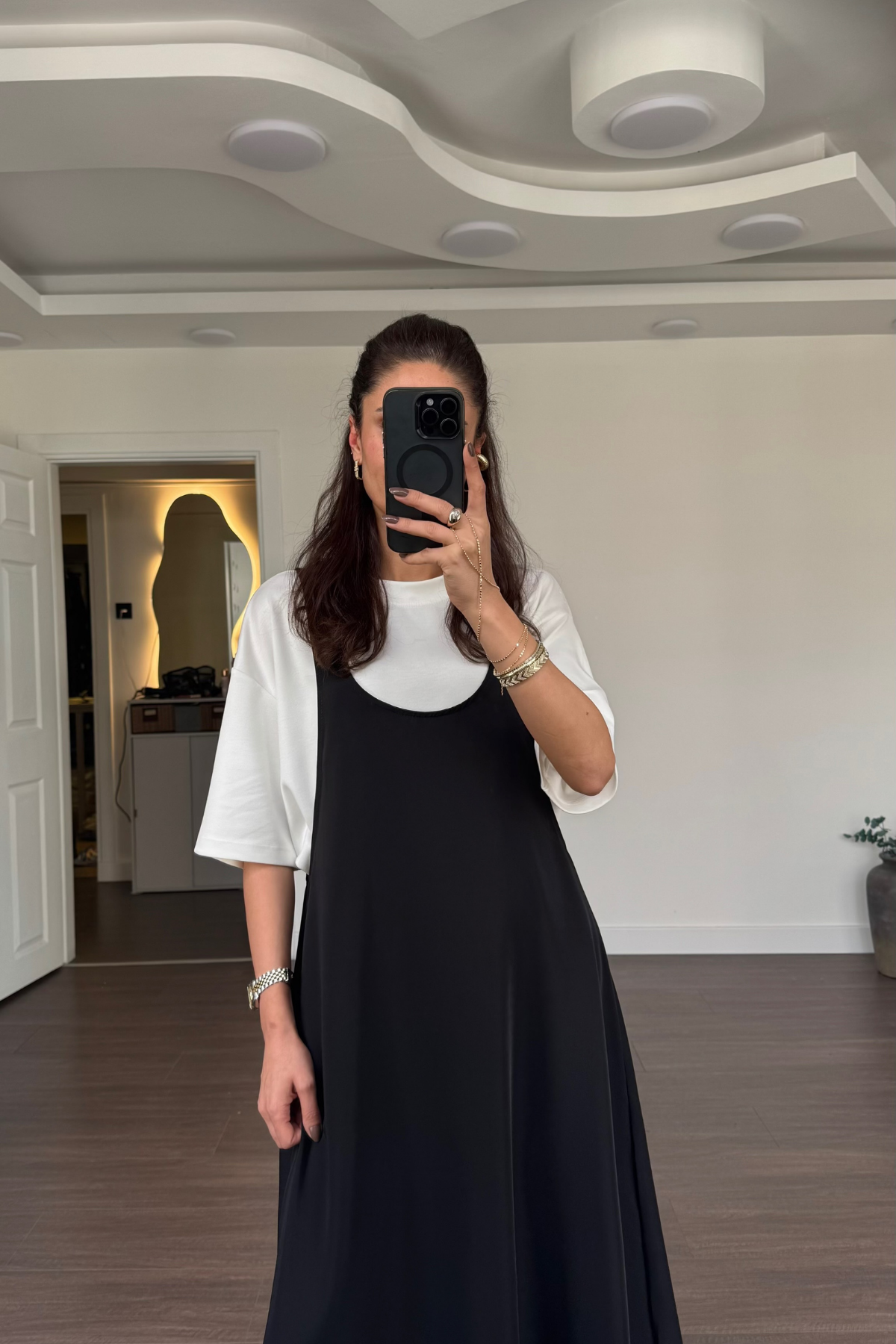 T-shirt Detaylı Kalın Askılı Elbise-Siyah