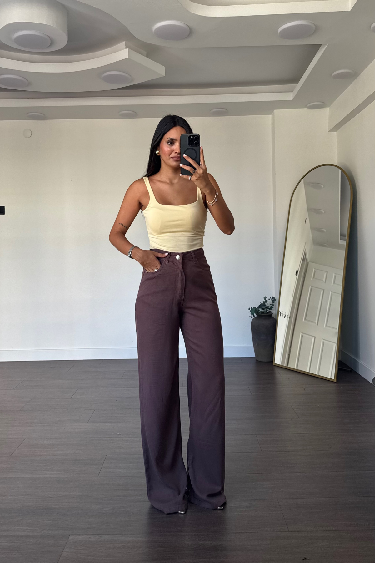 Tensel Kumaş Düz Paça Pantolon-Kahve