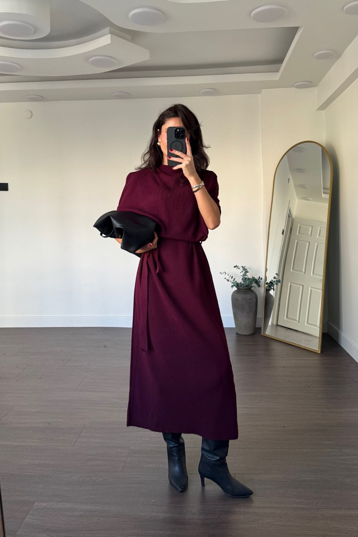 Triko Kuşaklı Midi Elbise-Bordo