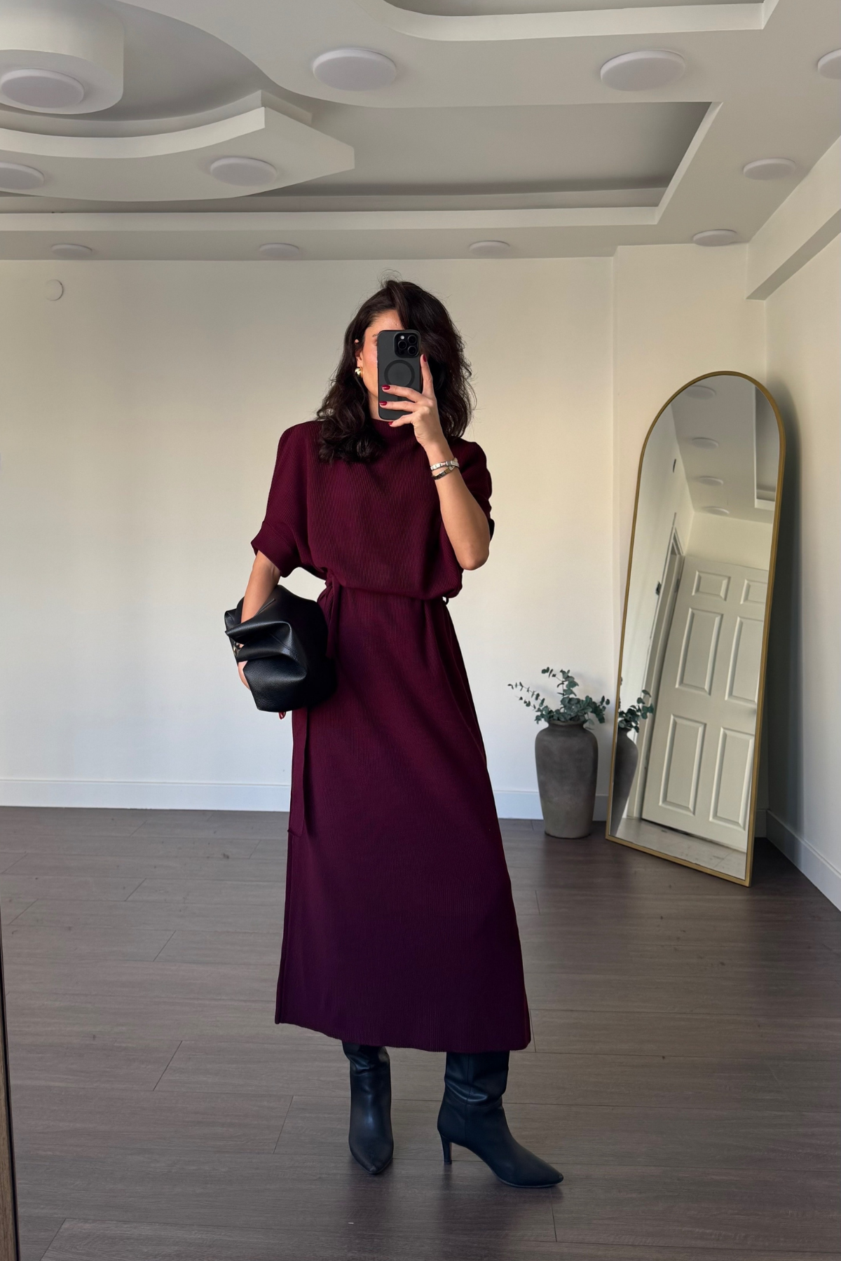 Triko Kuşaklı Midi Elbise-Bordo