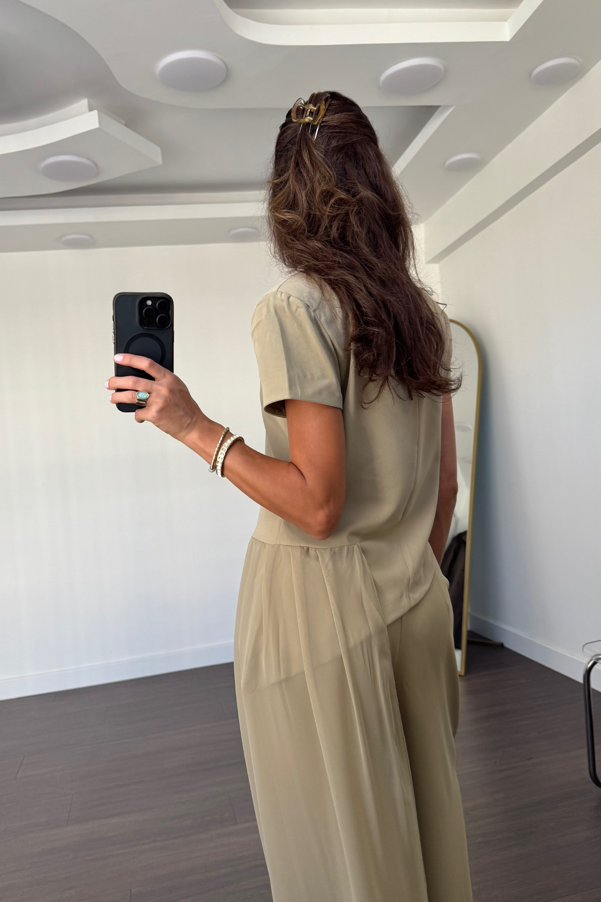 Tül Detaylı Bluz Pantolon Takım-Bej
