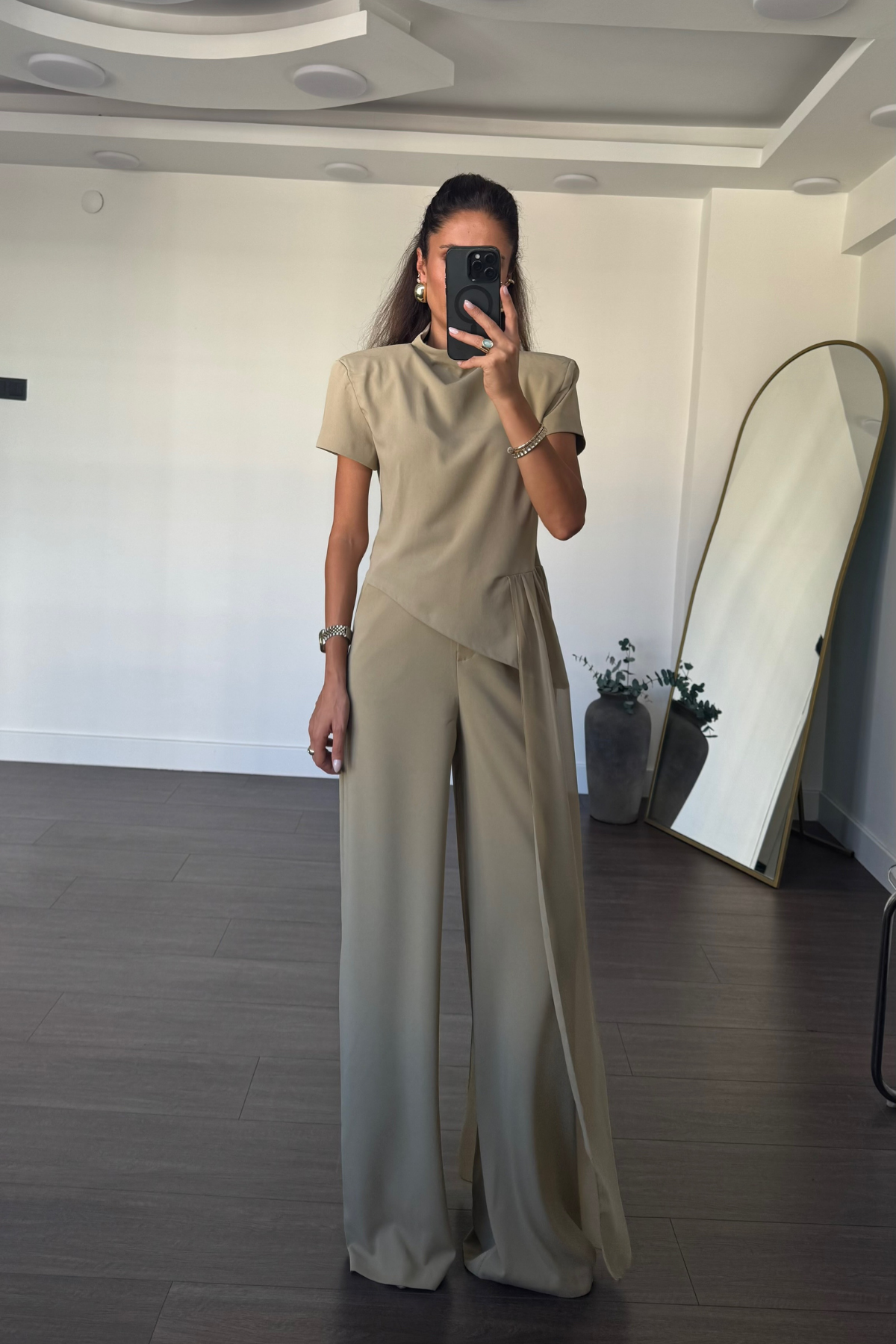 Tül Detaylı Bluz Pantolon Takım-Bej