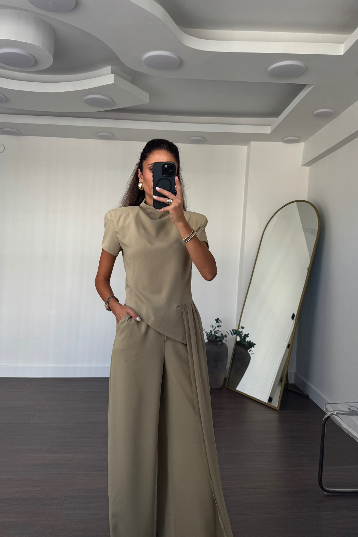 Tül Detaylı Bluz Pantolon Takım-Bej