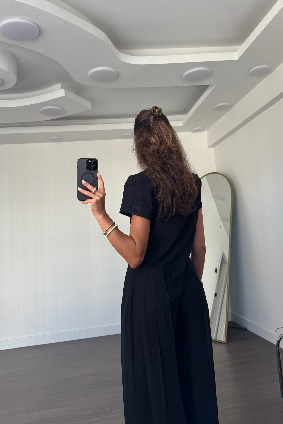 Tül Detaylı Bluz Pantolon Takım-Siyah