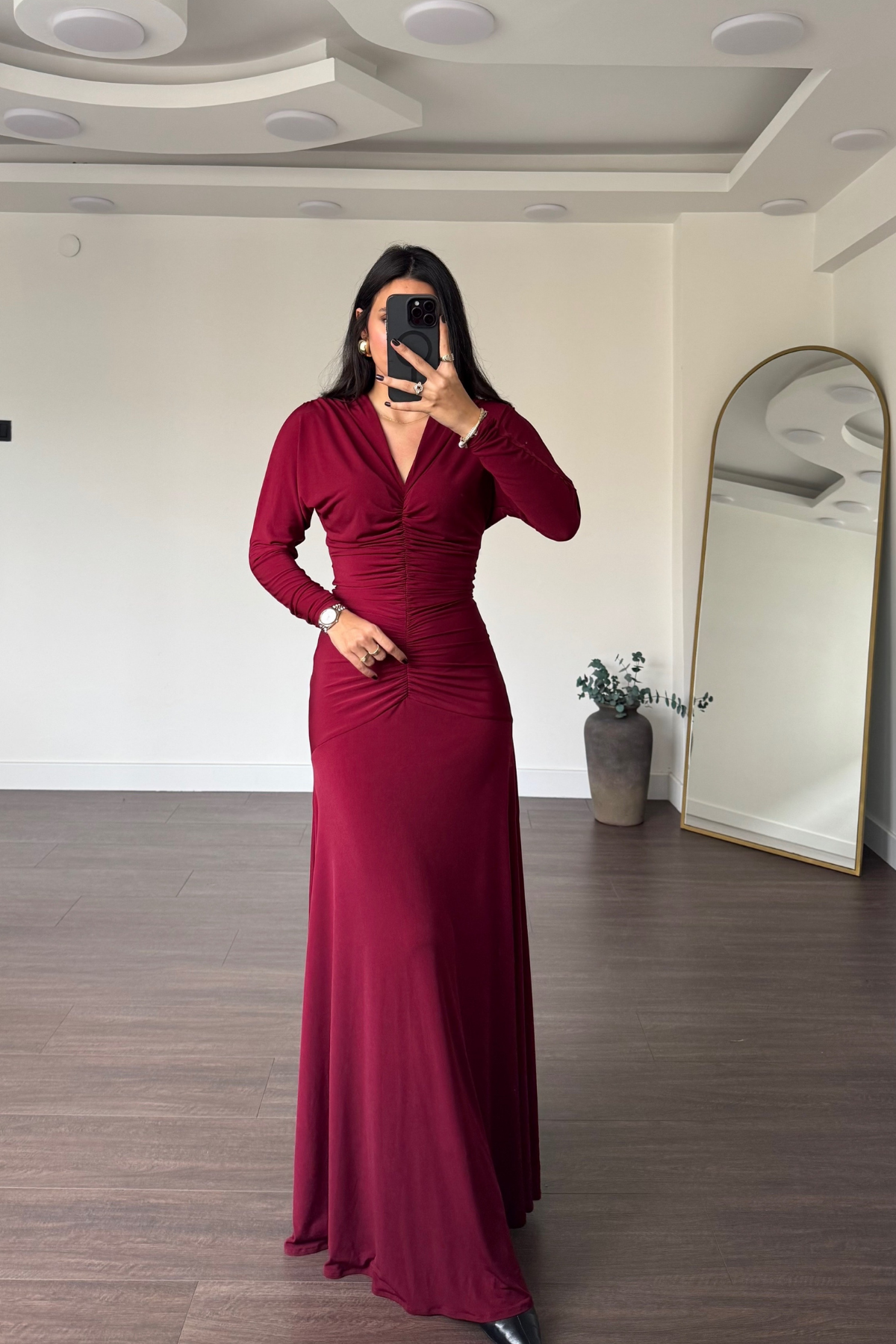 V Yaka Drape Detay Elbise-Bordo
