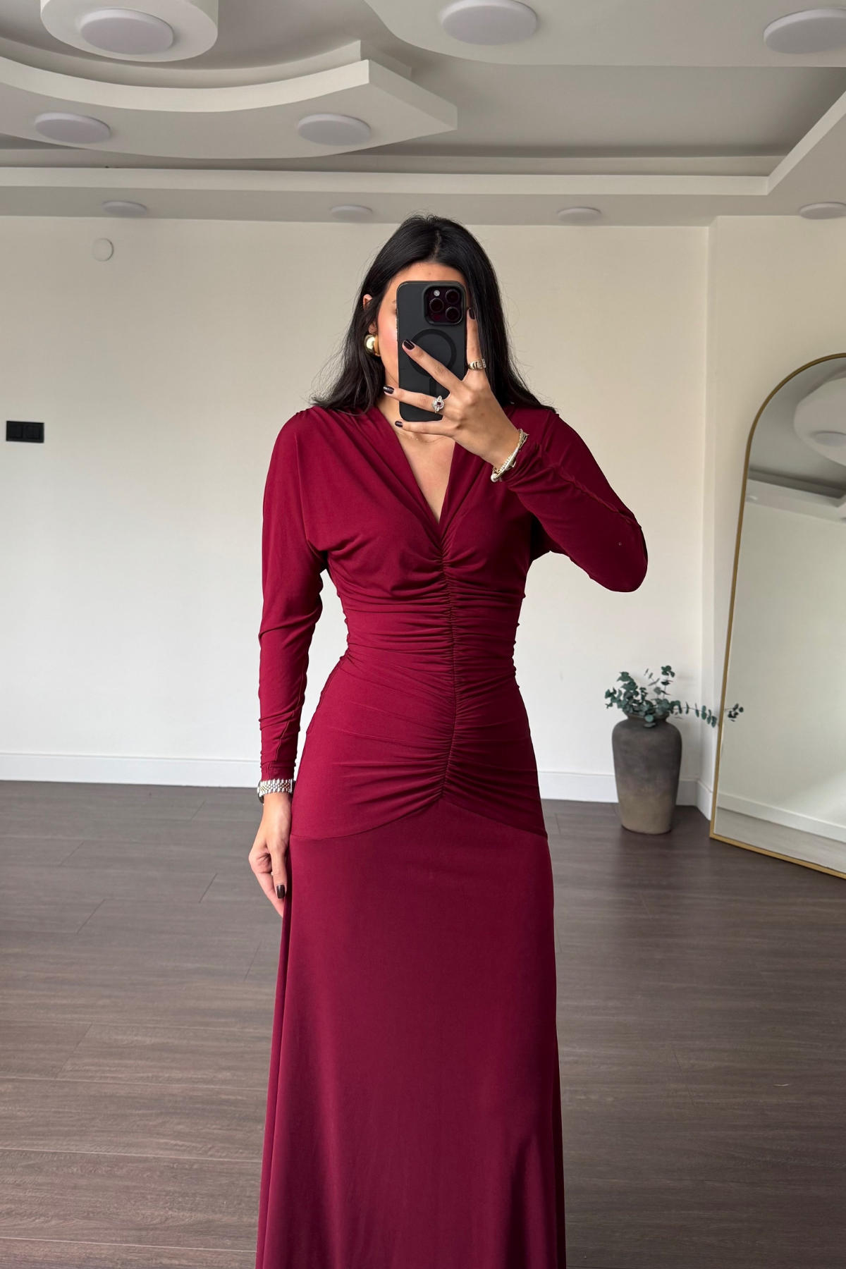 V Yaka Drape Detay Elbise-Bordo
