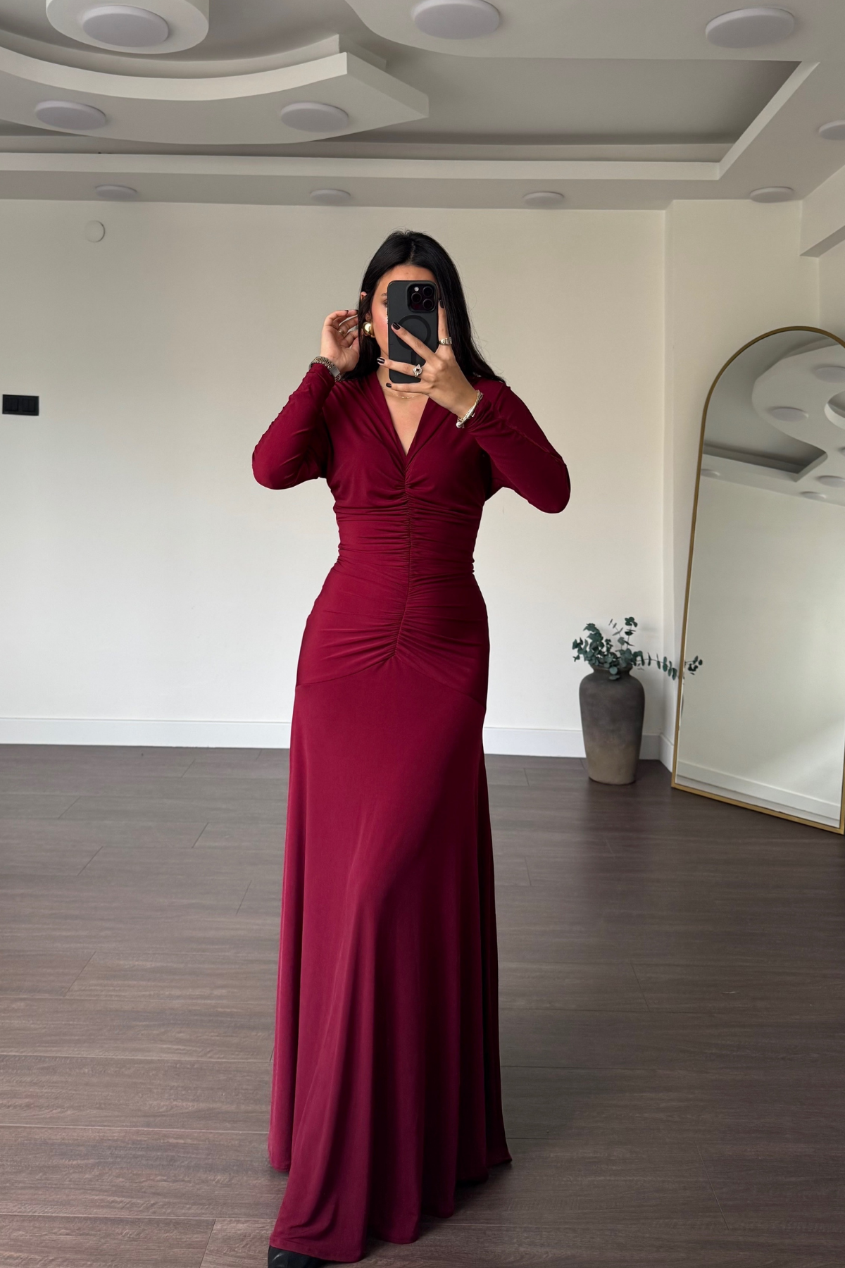 V Yaka Drape Detay Elbise-Bordo