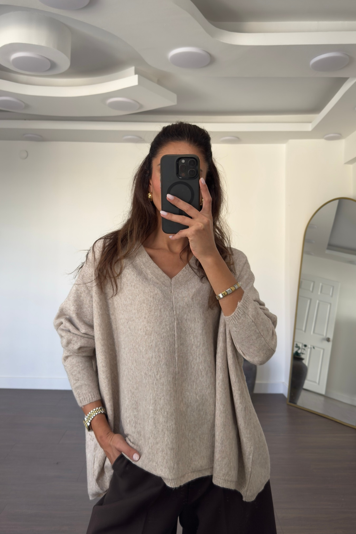 V Yaka Oversize Triko Kazak-Bej