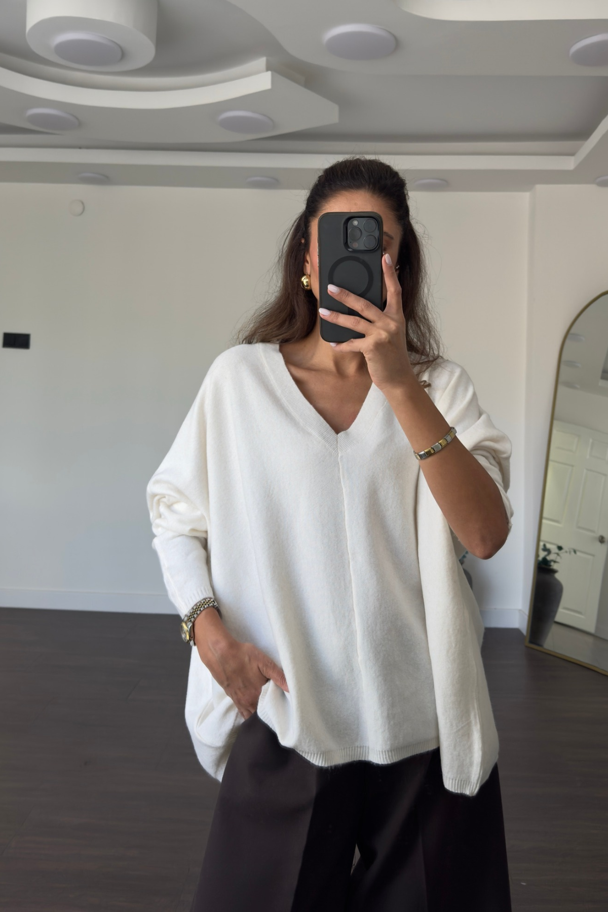 V Yaka Oversize Triko Kazak-Ekru