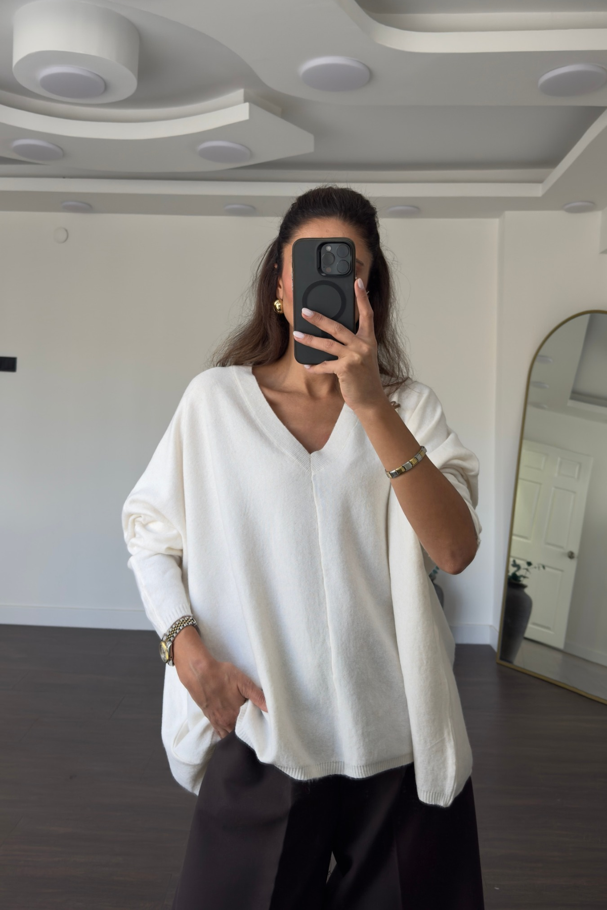 V Yaka Oversize Triko Kazak-Ekru