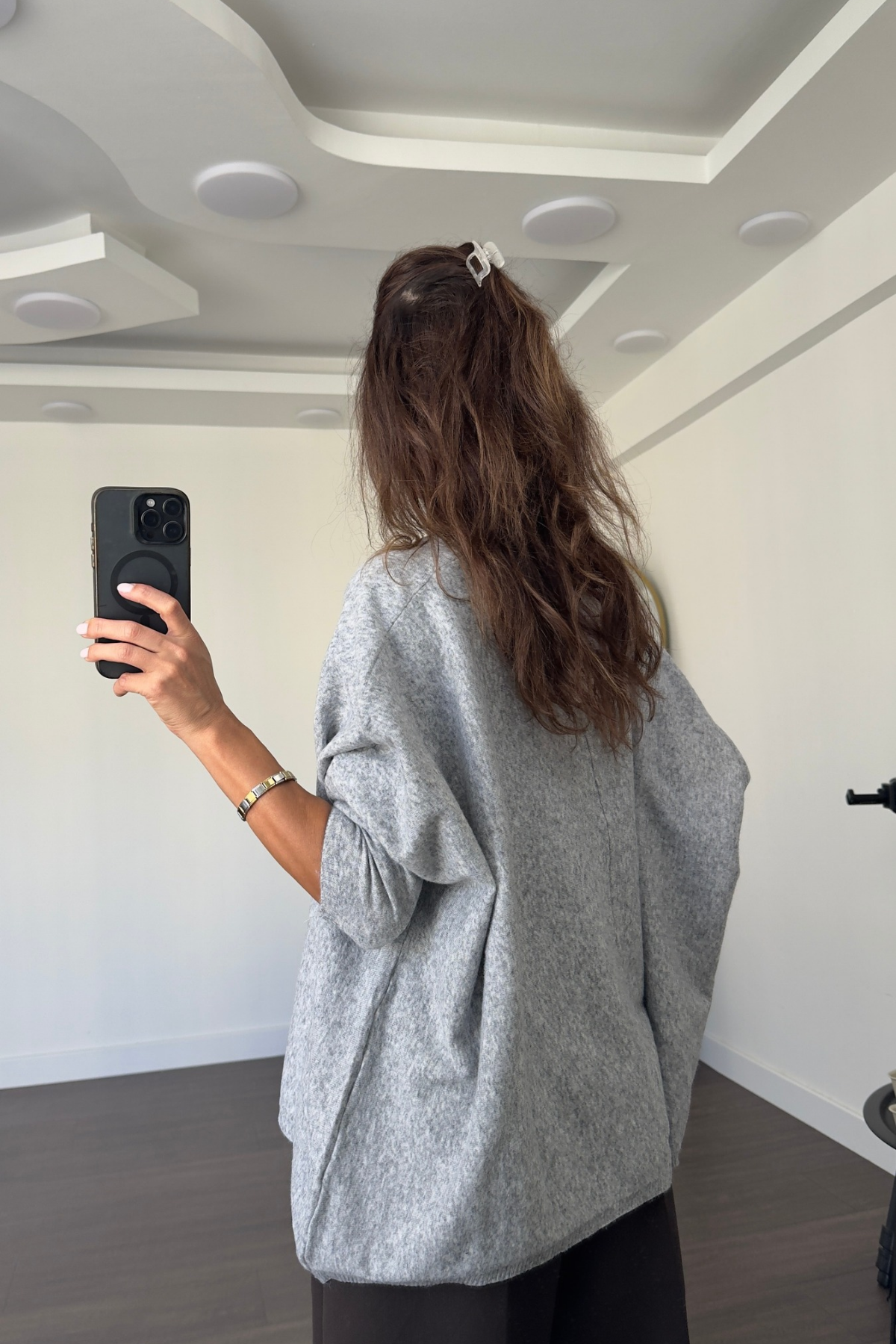 V Yaka Oversize Triko Kazak-Gri
