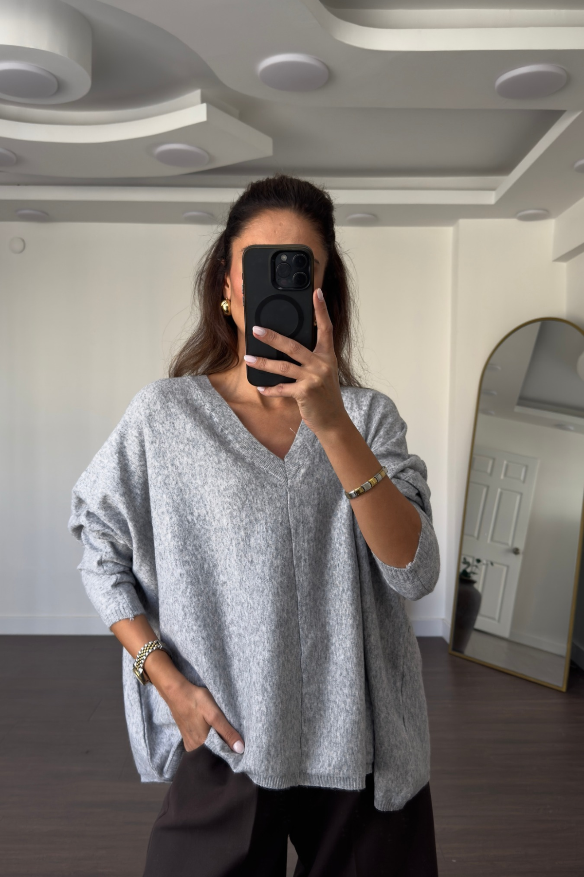 V Yaka Oversize Triko Kazak-Gri
