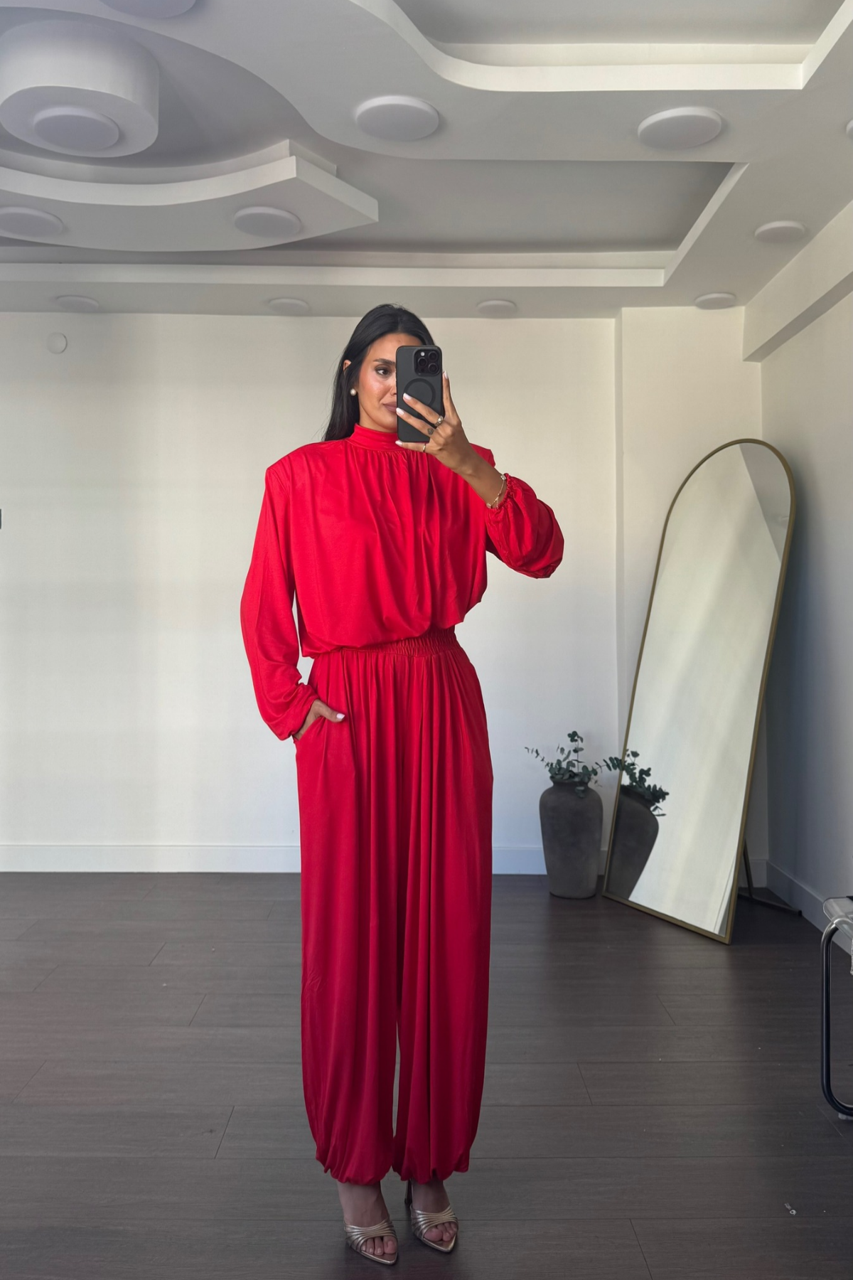 Vatkalı Asimetrik Bluz Şalvar Pantolon Takım-Kırmızı