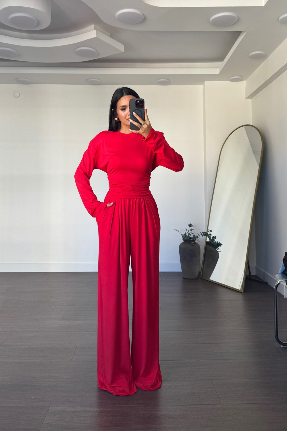 Vatkalı Beli Ayarlanabilir Bluz Pantolon Takım-Kırmızı