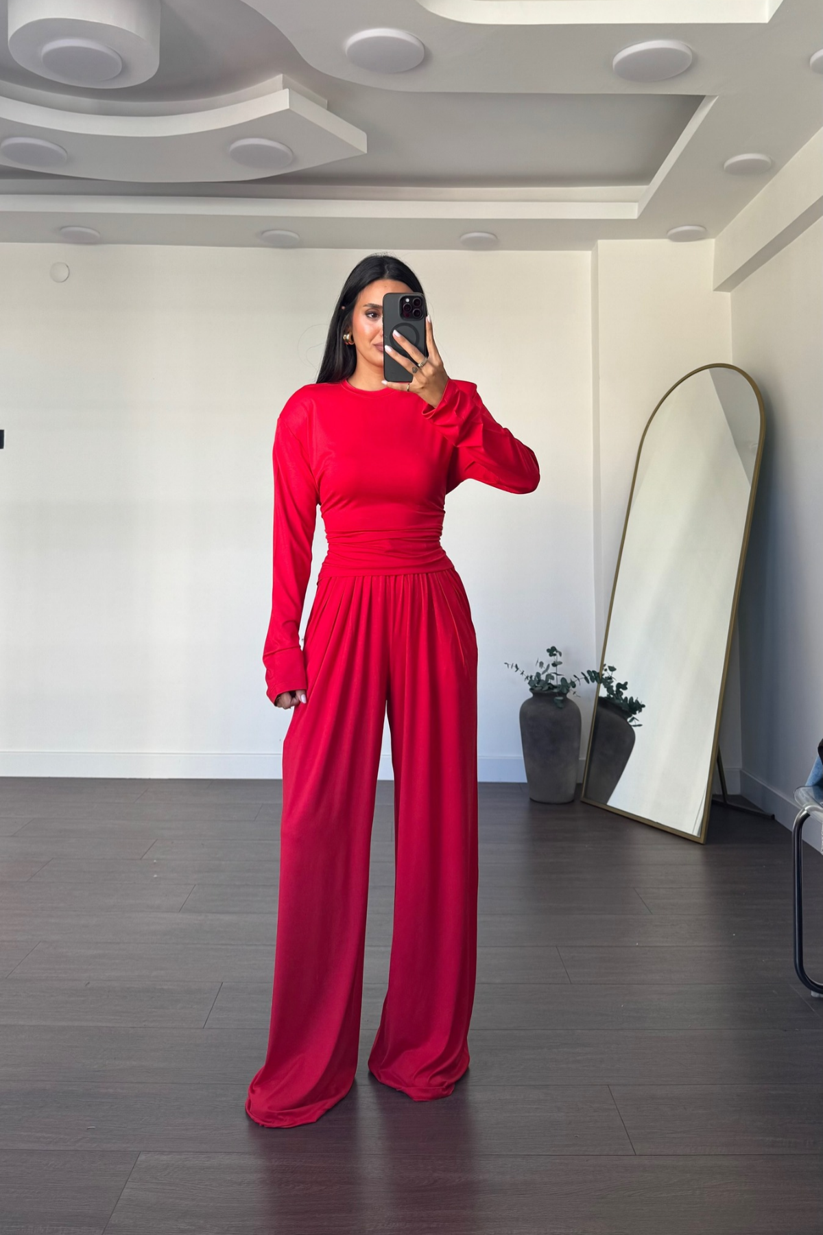 Vatkalı Beli Ayarlanabilir Bluz Pantolon Takım-Kırmızı