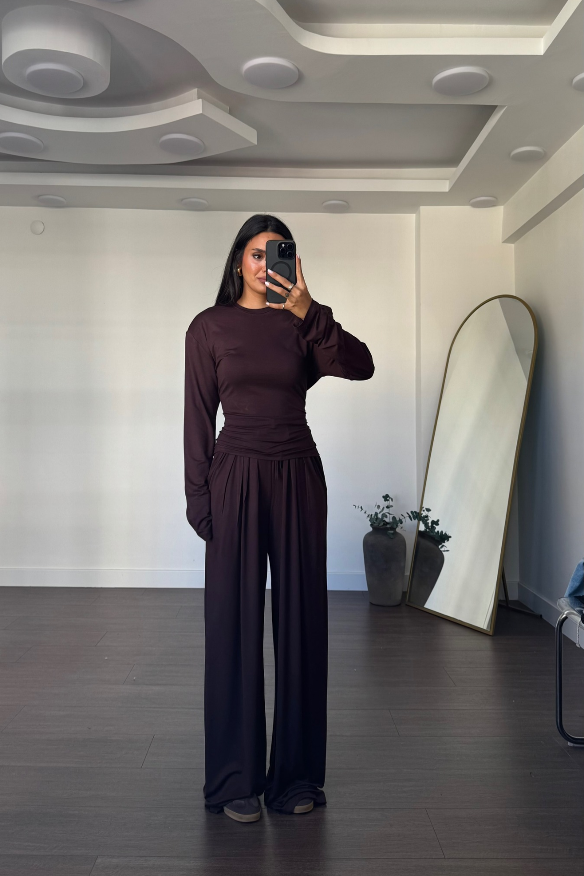 Vatkalı Beli Ayarlanabilir Bluz Pantolon Takım-Kahve