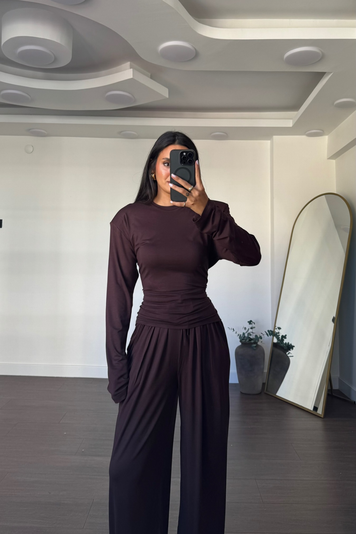 Vatkalı Beli Ayarlanabilir Bluz Pantolon Takım-Kahve