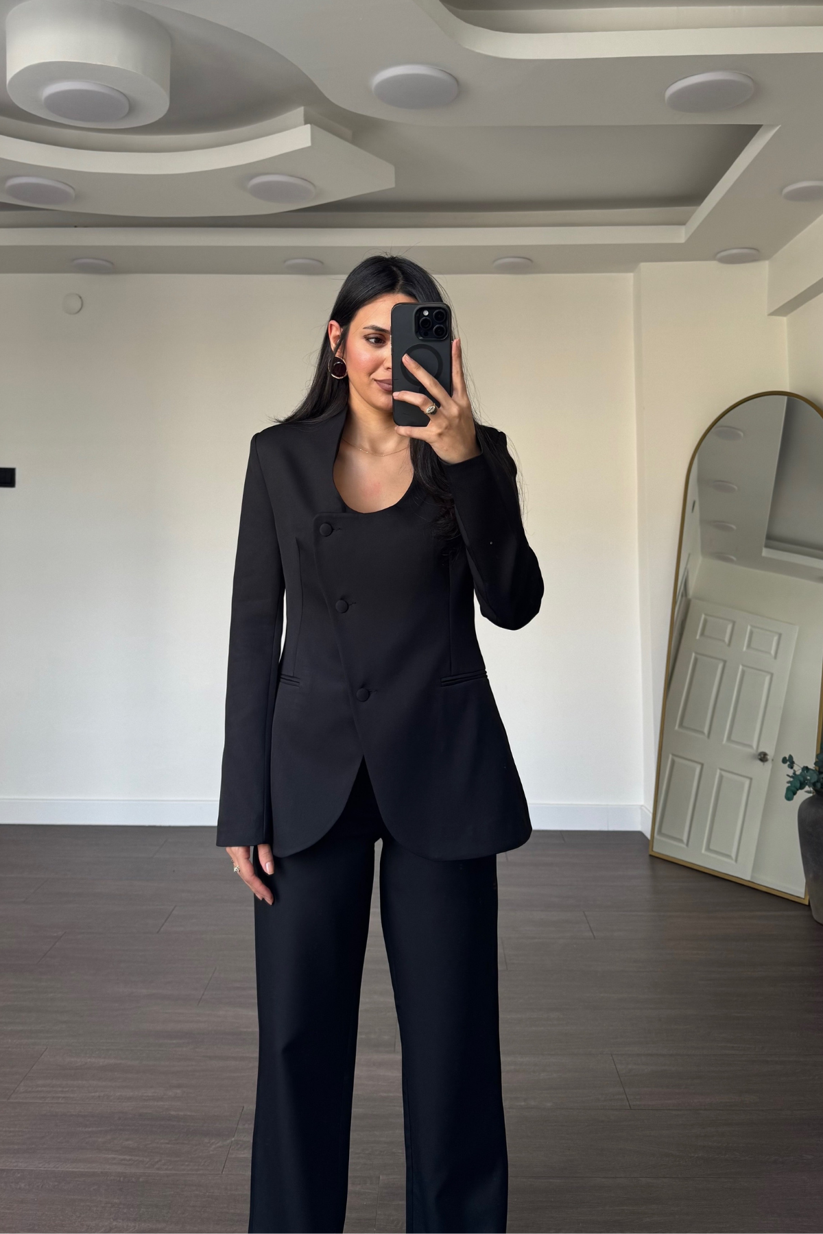 Yaka Detaylı Ceket Pantolon Takım-Siyah