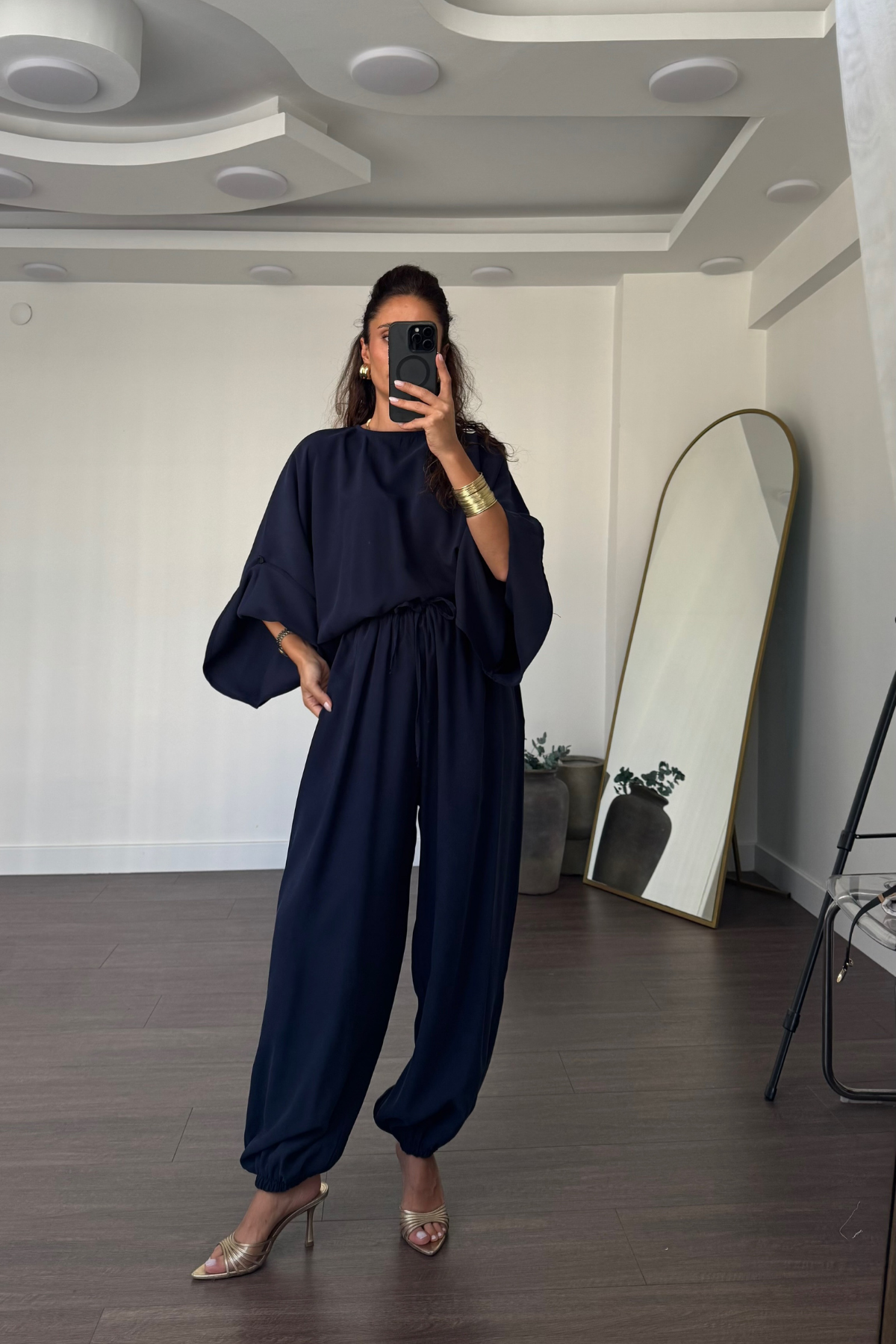 Yarasa Kol Bluz Şalvar Pantolon Takım-Lacivert
