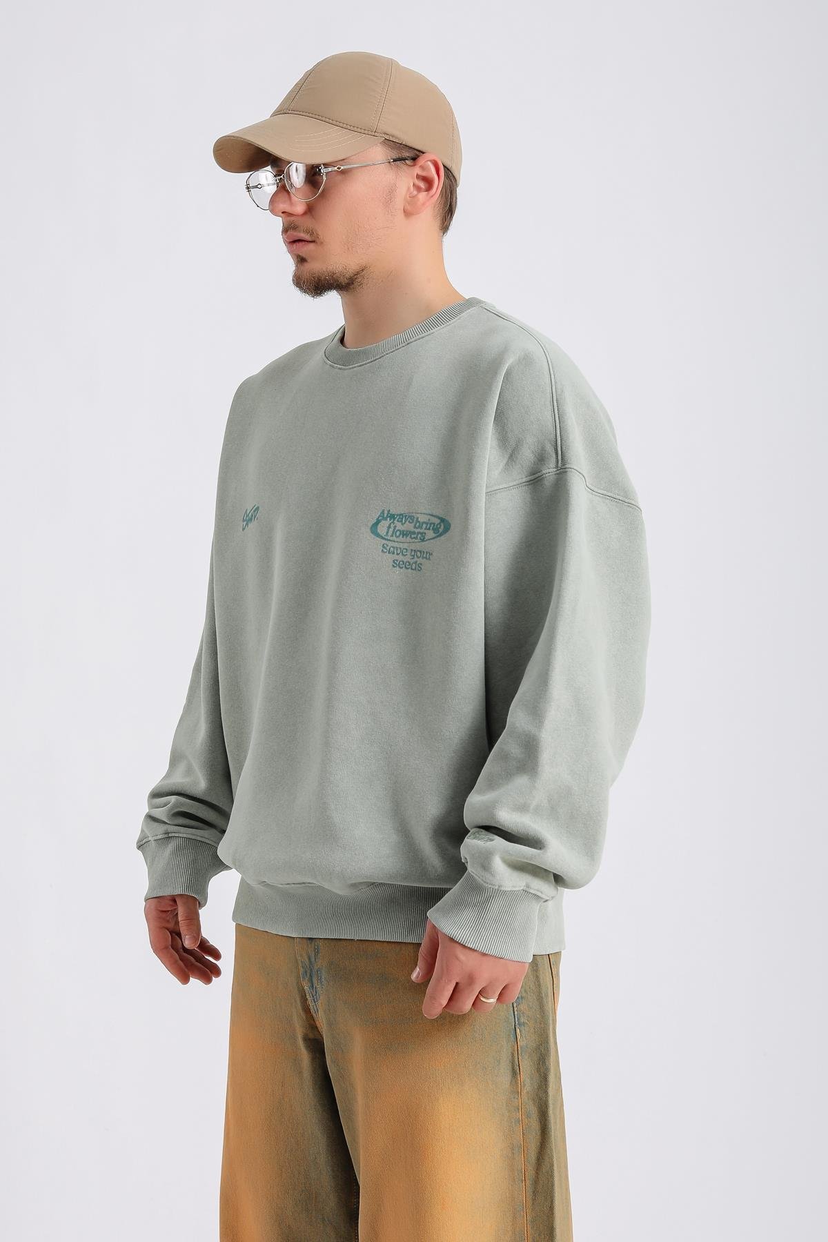 Acid Wash Açık Yeşil Oversize Sweatshirt SW1130
