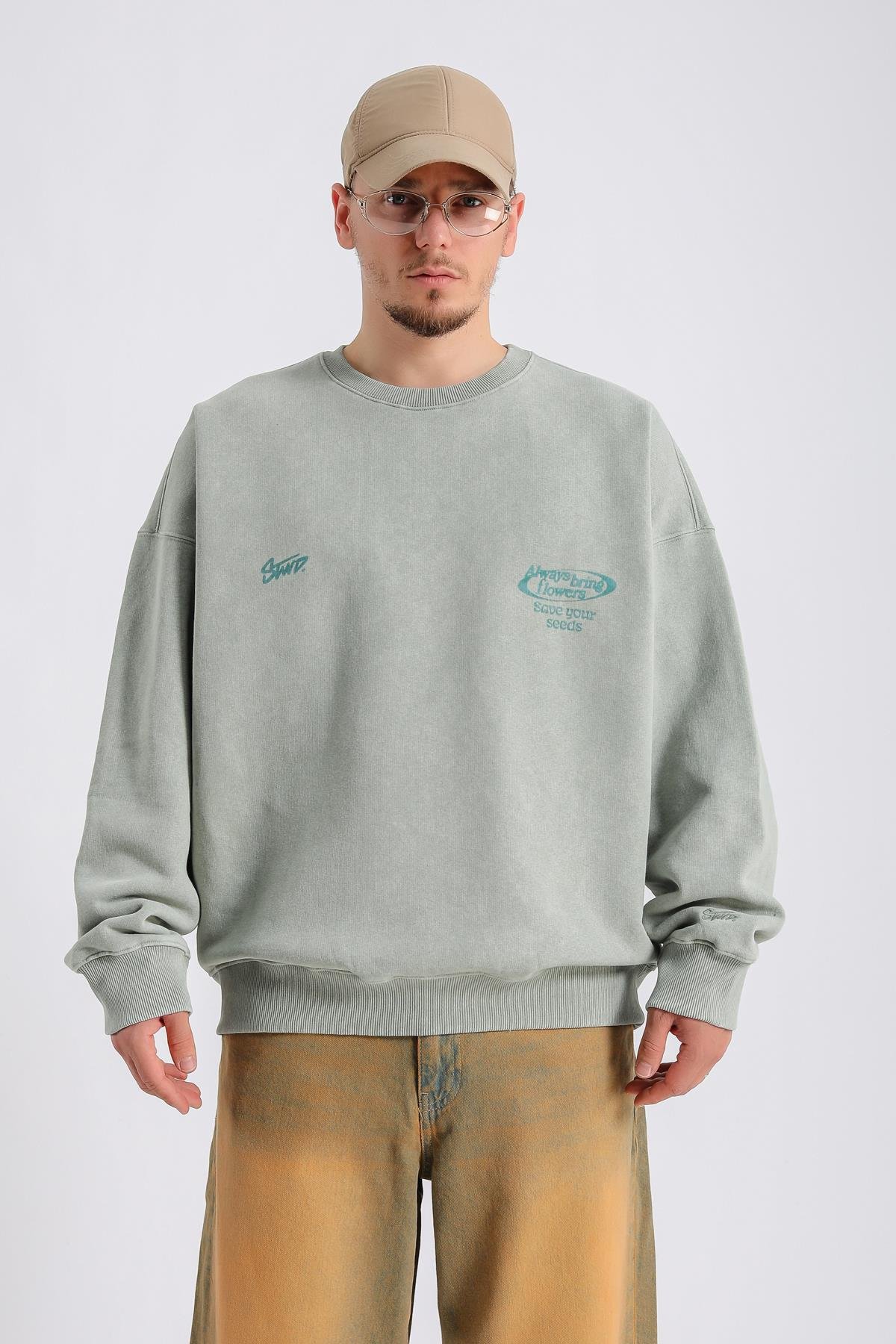 Acid Wash Açık Yeşil Oversize Sweatshirt SW1130