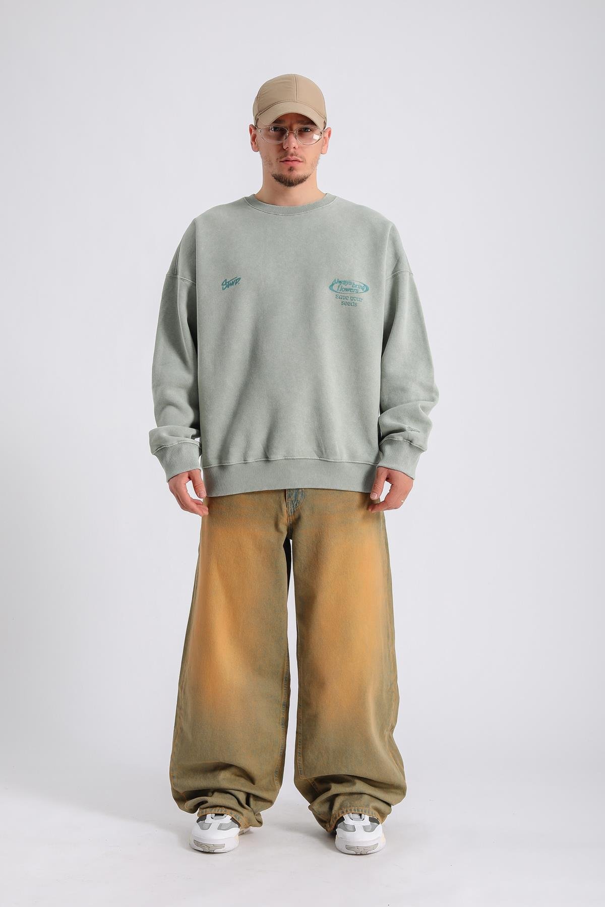 Acid Wash Açık Yeşil Oversize Sweatshirt SW1130