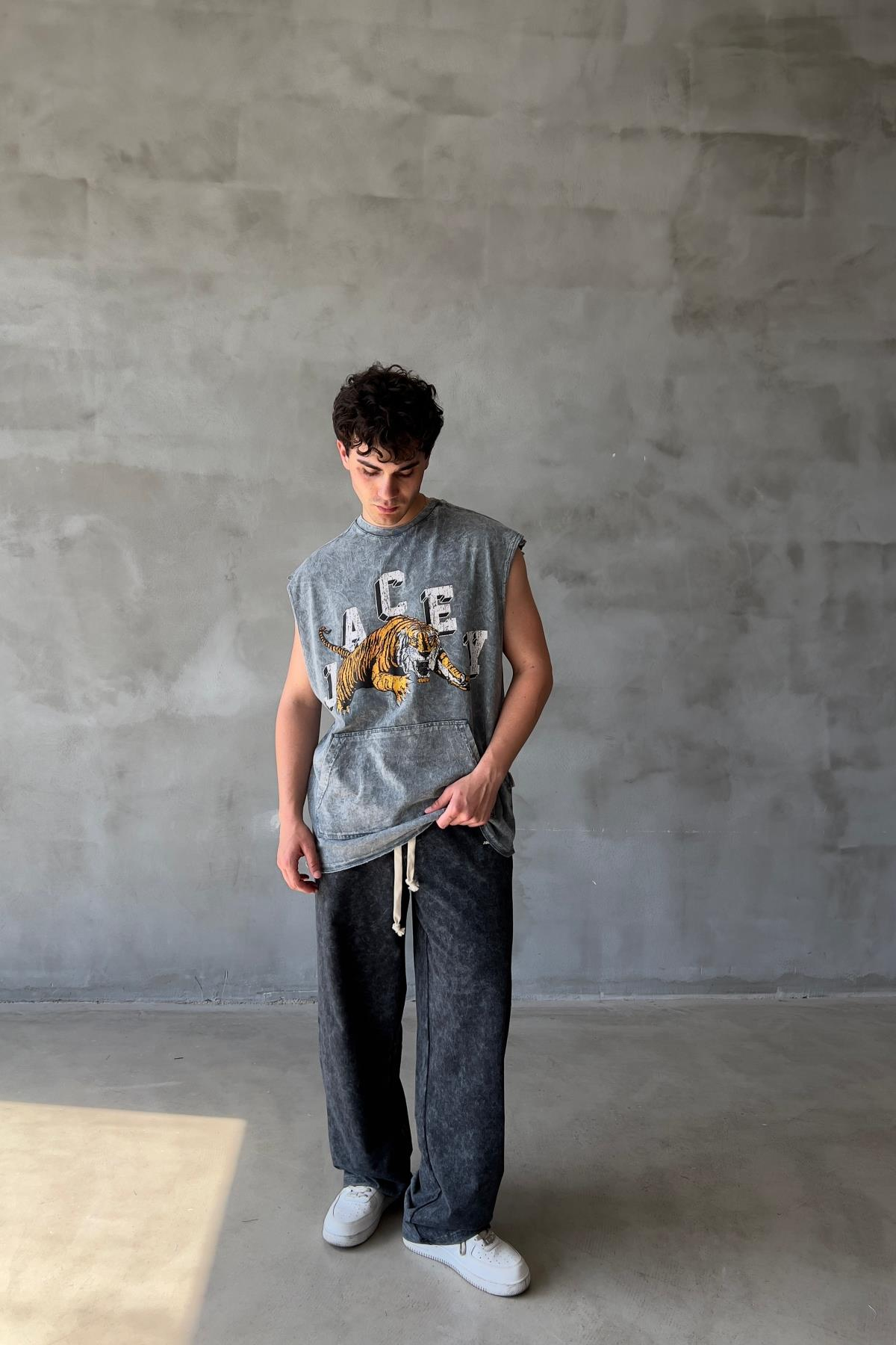 Acid Wash Baskılı Gri Superoversize Kolsuz Tshirt