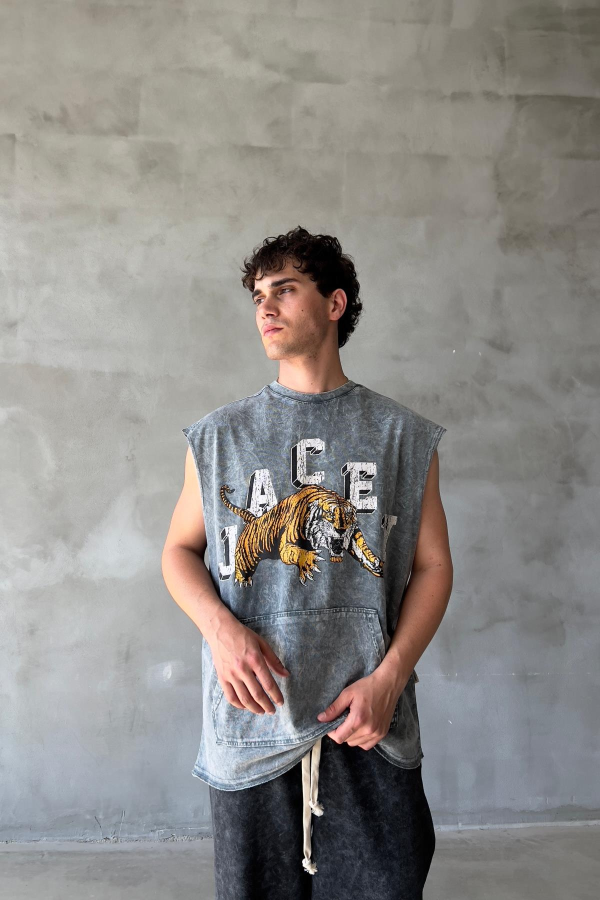 Acid Wash Baskılı Gri Superoversize Kolsuz Tshirt