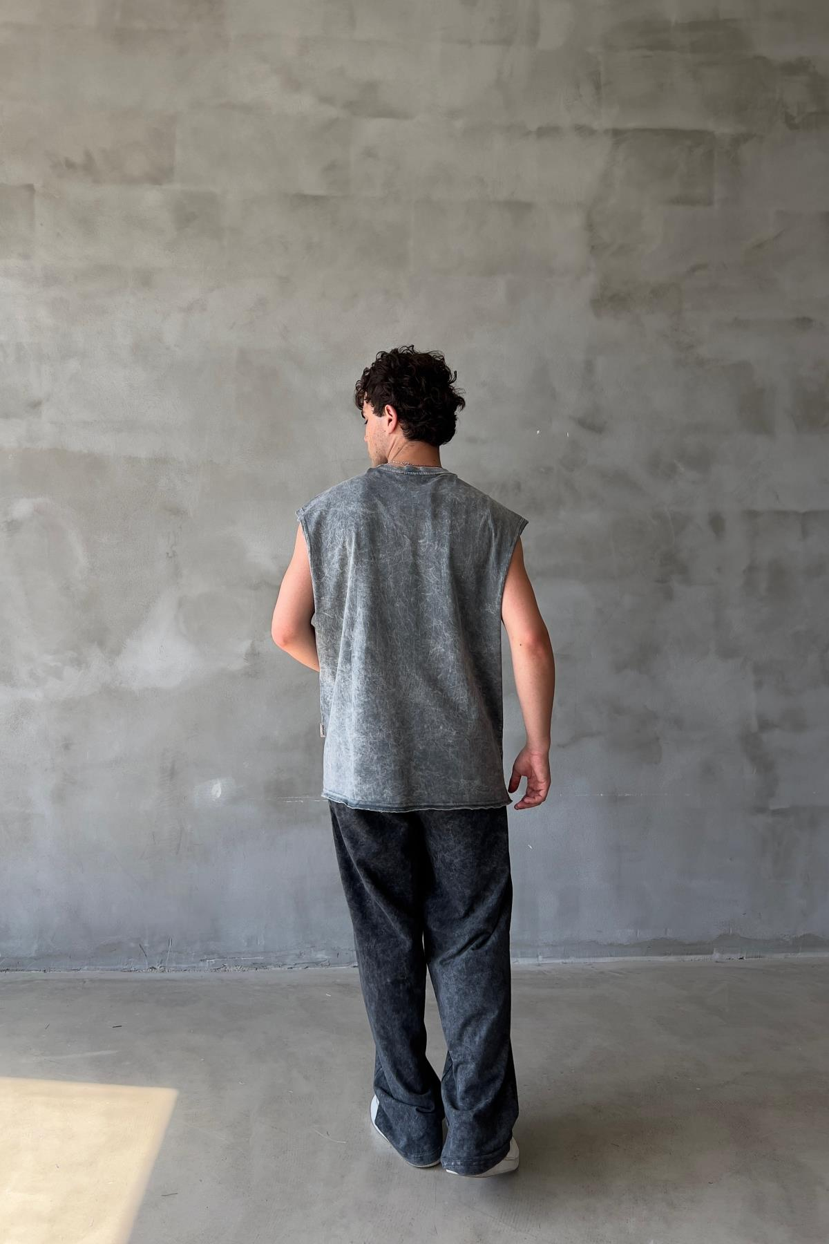 Acid Wash Baskılı Gri Superoversize Kolsuz Tshirt