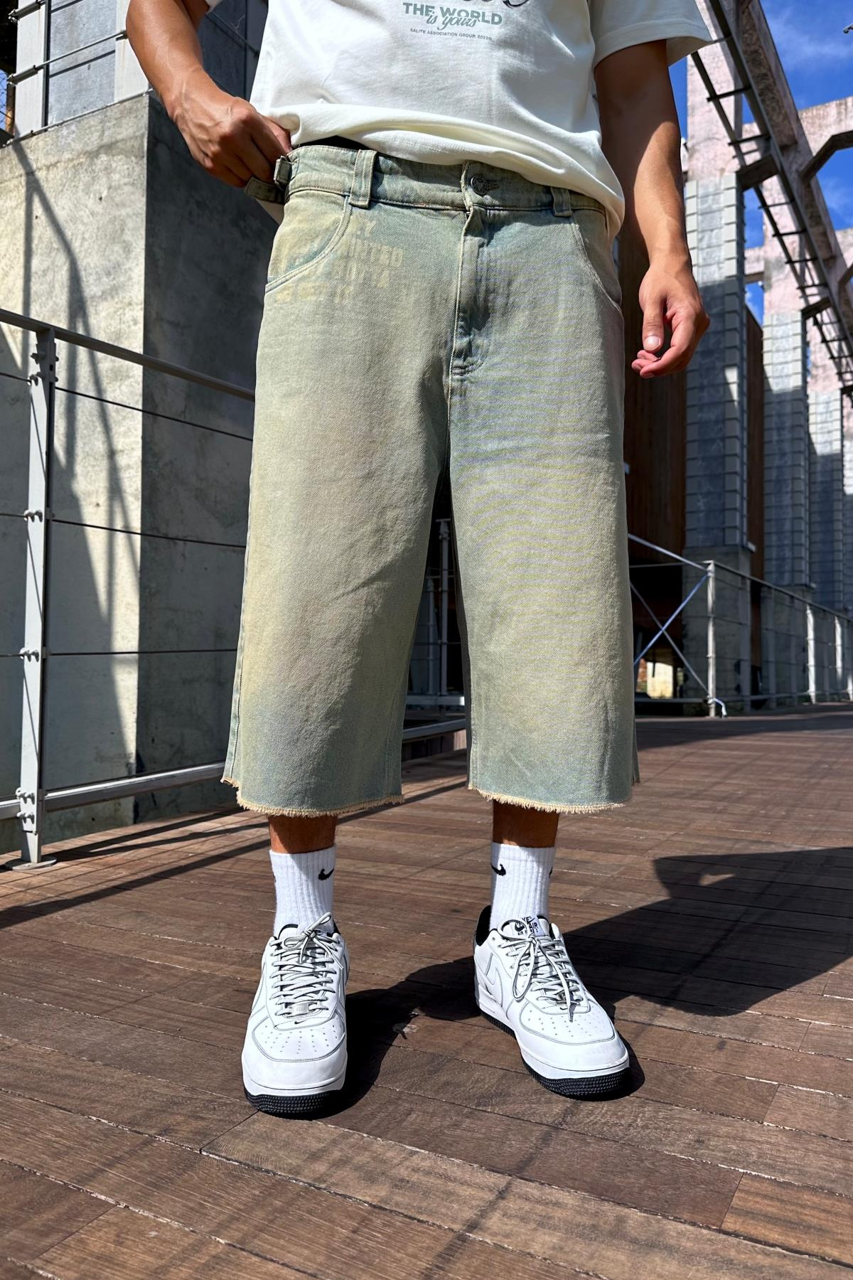 Acid Wash Baskılı Jean Kapri Şort S260