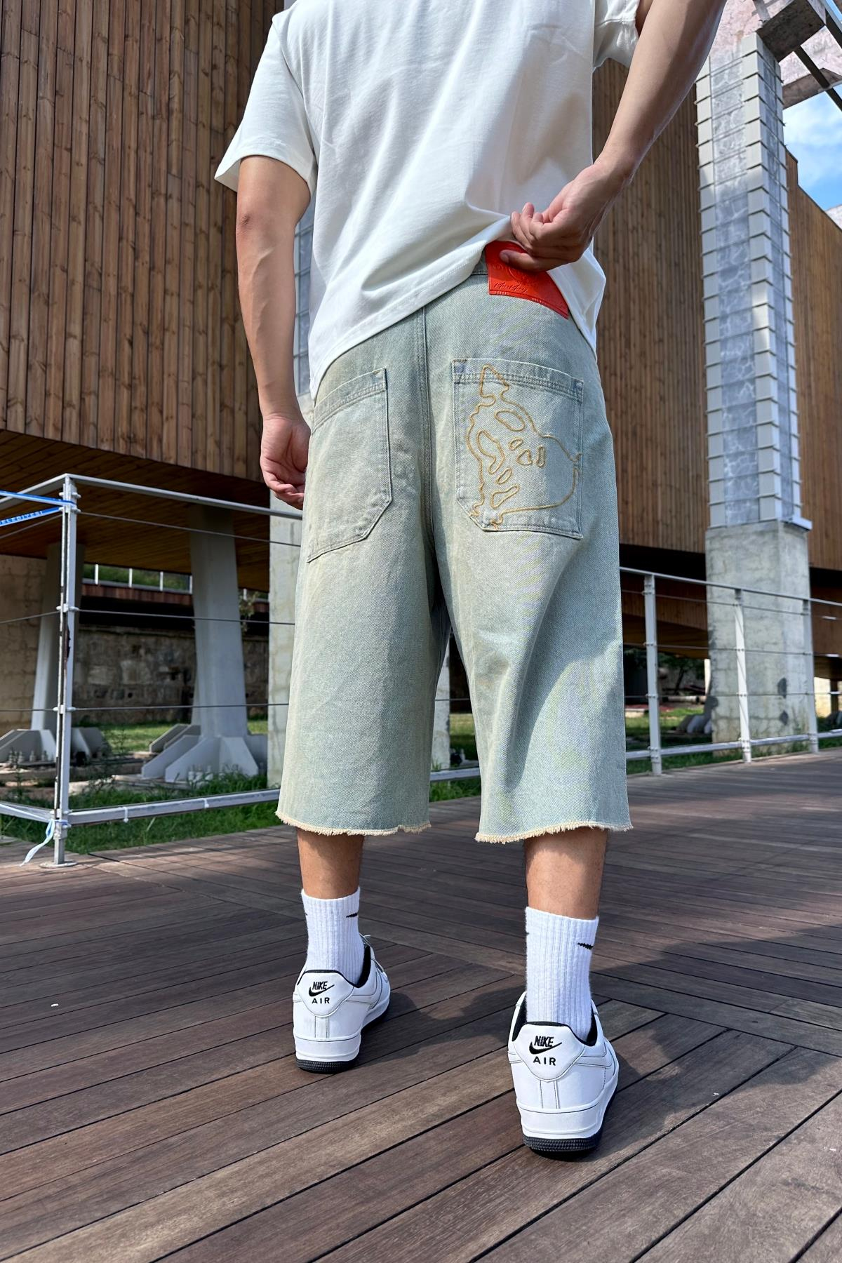 Acid Wash Baskılı Jean Kapri Şort S260