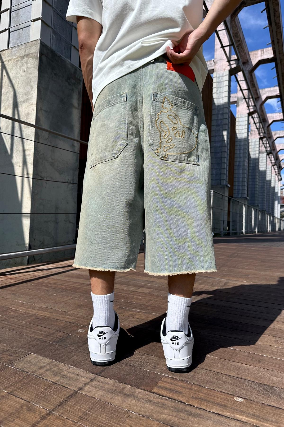 Acid Wash Baskılı Jean Kapri Şort S260