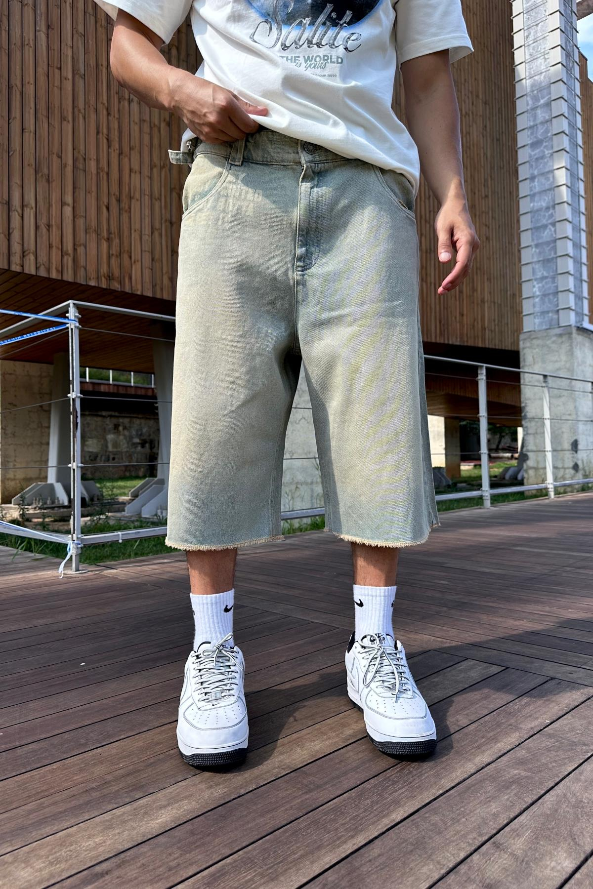 Acid Wash Baskılı Jean Kapri Şort S260
