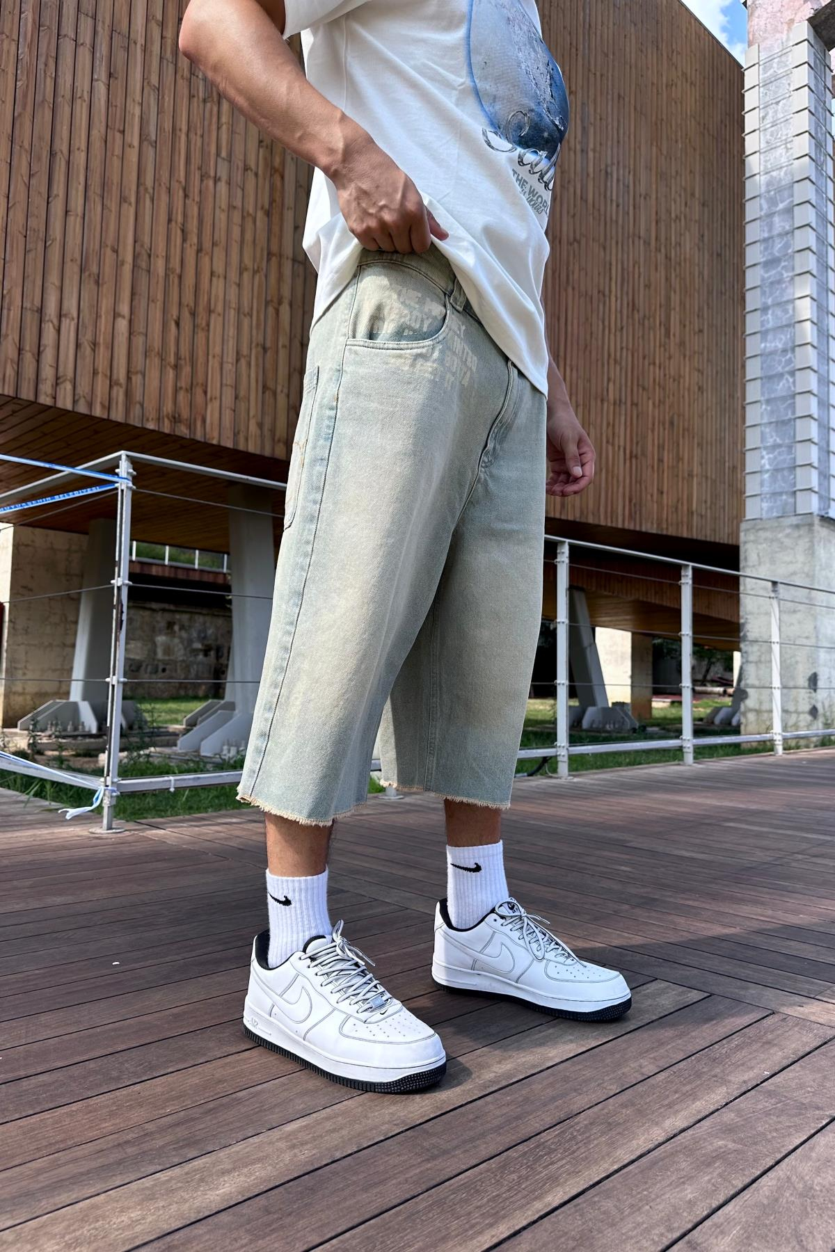 Acid Wash Baskılı Jean Kapri Şort S260
