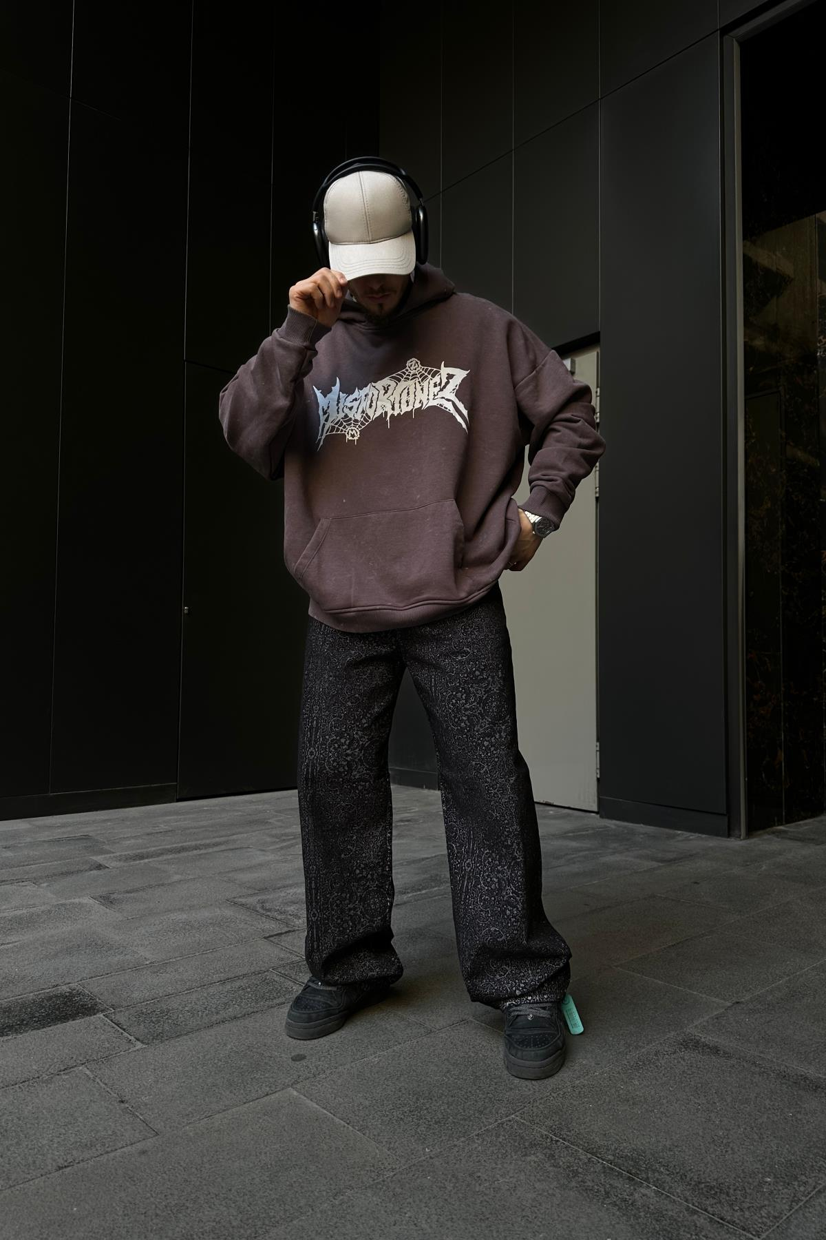 Acid Wash Baskılı Kahve Oversize Hoodie SW1101