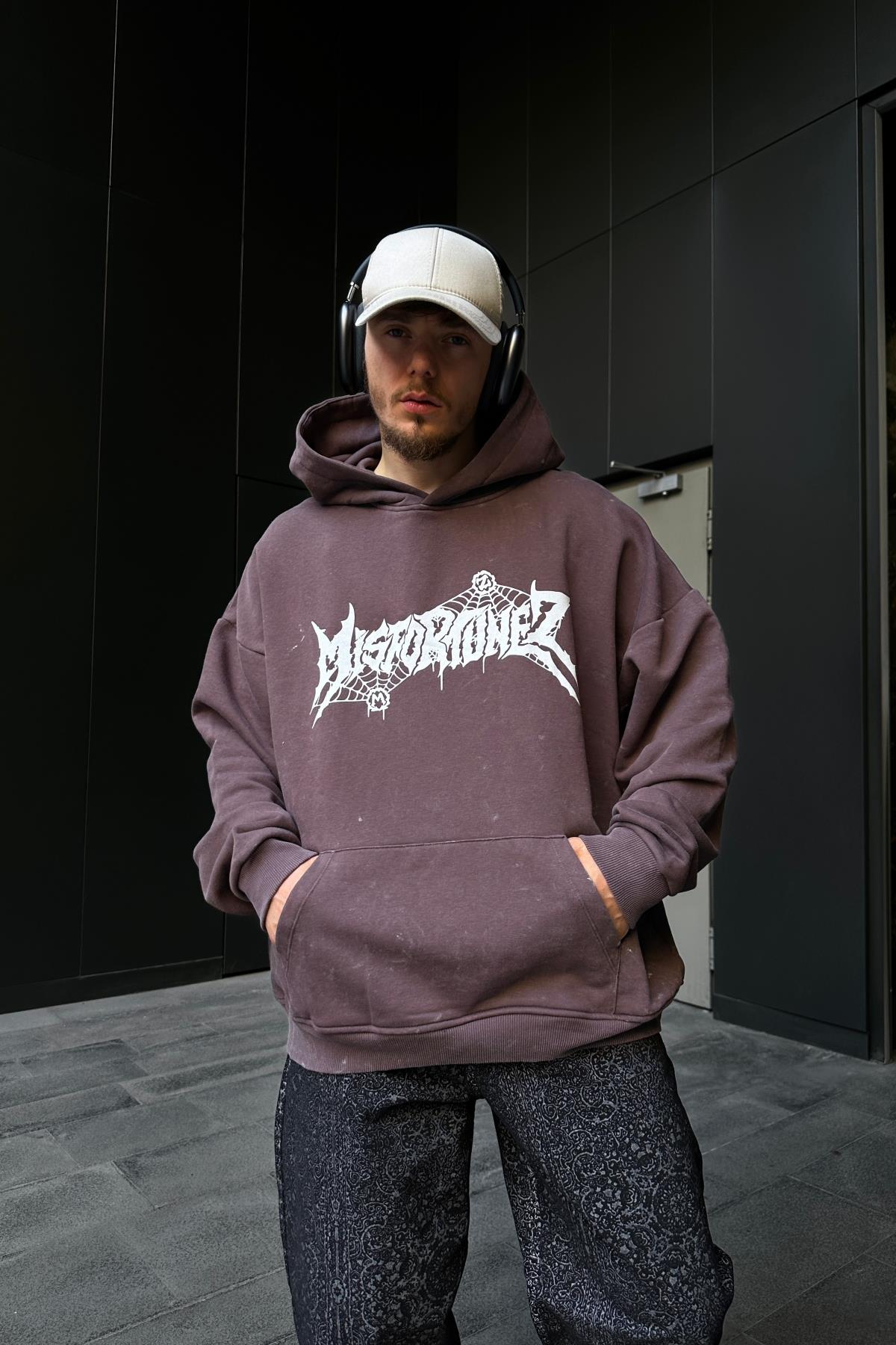 Acid Wash Baskılı Kahve Oversize Hoodie SW1101