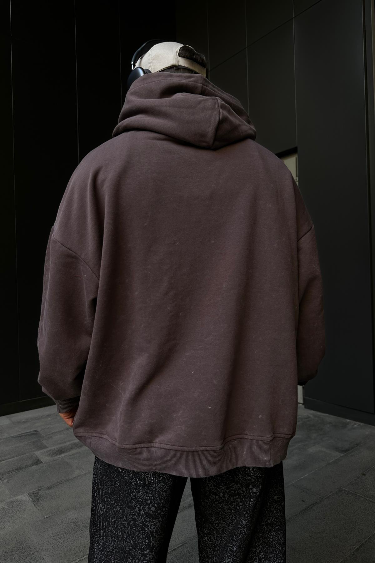 Acid Wash Baskılı Kahve Oversize Hoodie SW1101