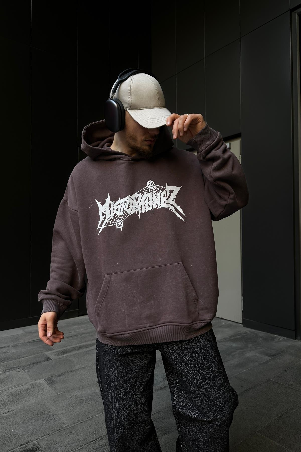 Acid Wash Baskılı Kahve Oversize Hoodie SW1101