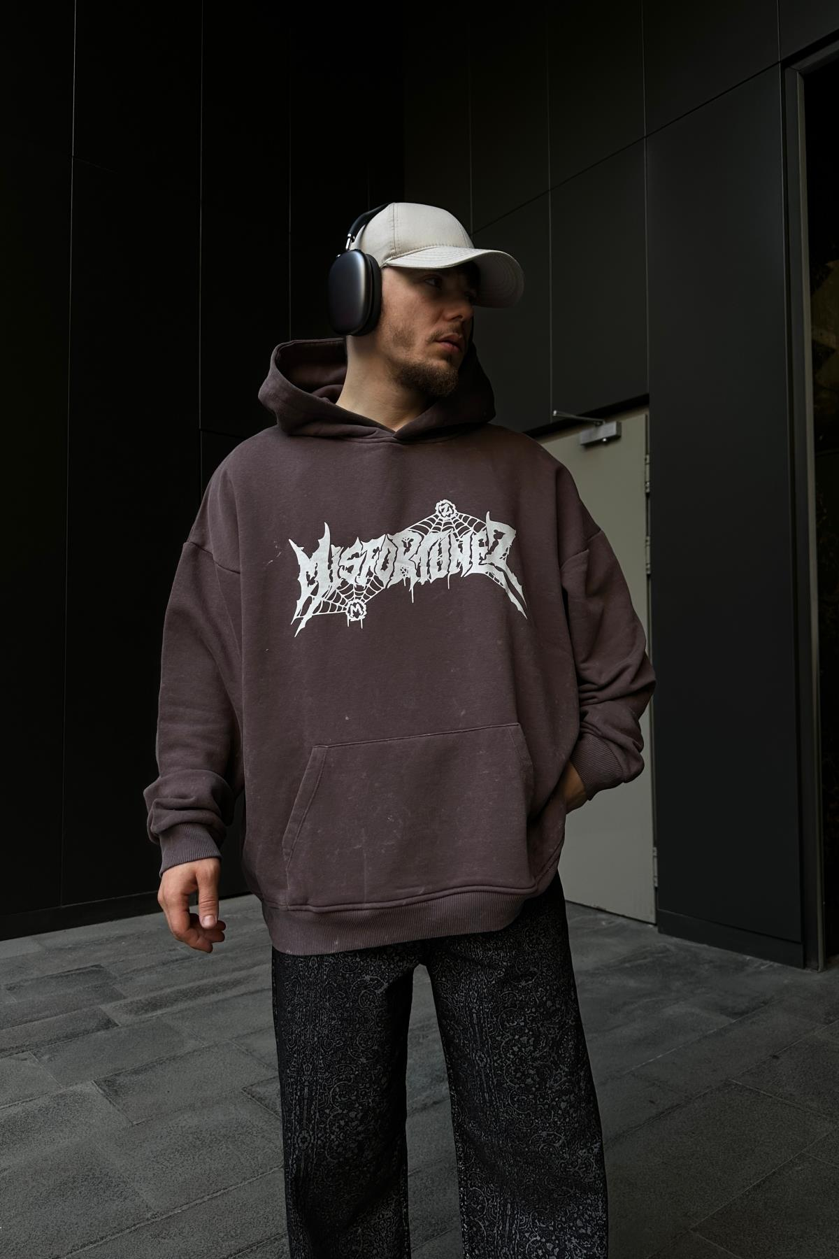 Acid Wash Baskılı Kahve Oversize Hoodie SW1101