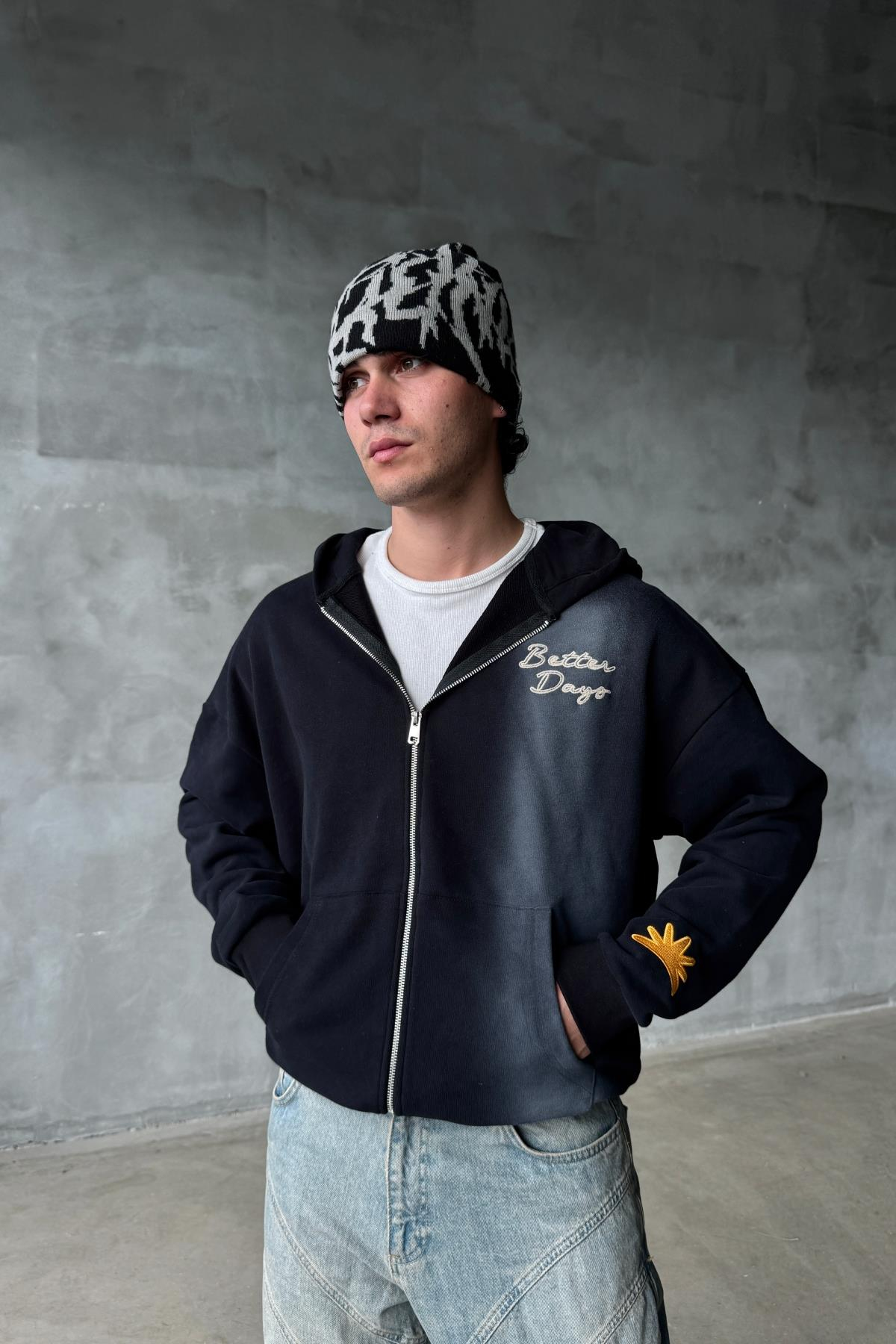 Acid Wash Better Nakışlı Siyah Oversize Zipper Sweatshirt SR01