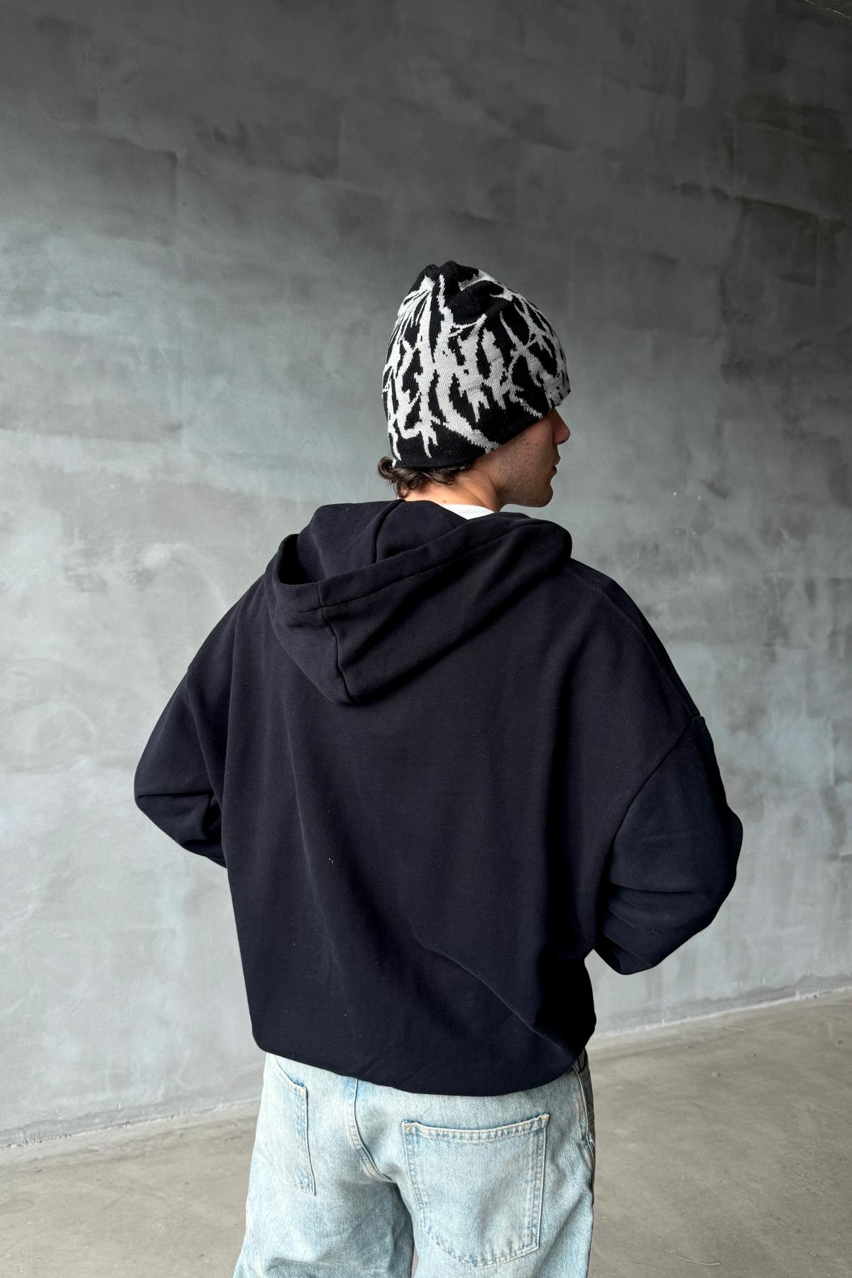 Acid Wash Better Nakışlı Siyah Oversize Zipper Sweatshirt SR01