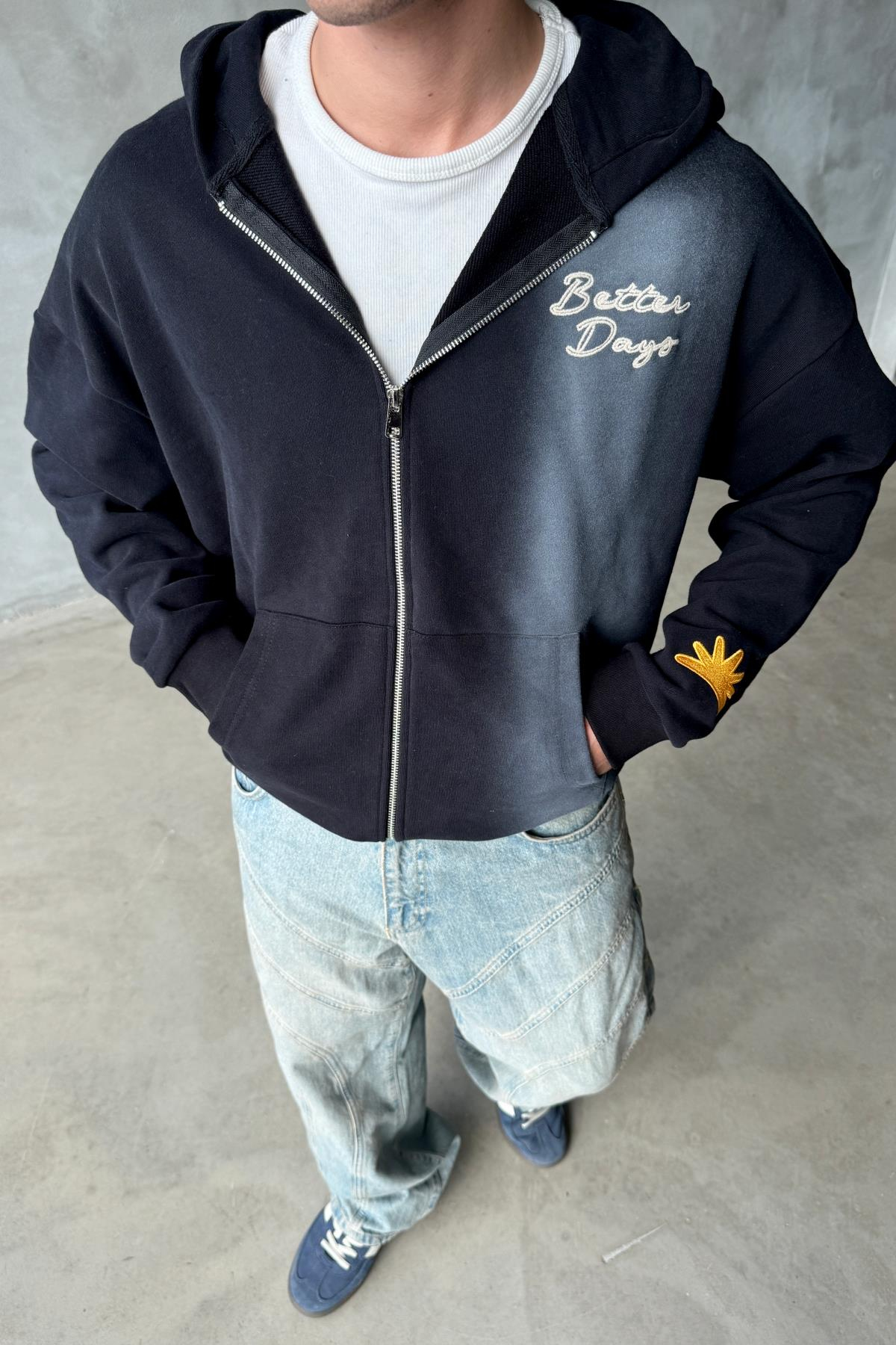 Acid Wash Better Nakışlı Siyah Oversize Zipper Sweatshirt SR01