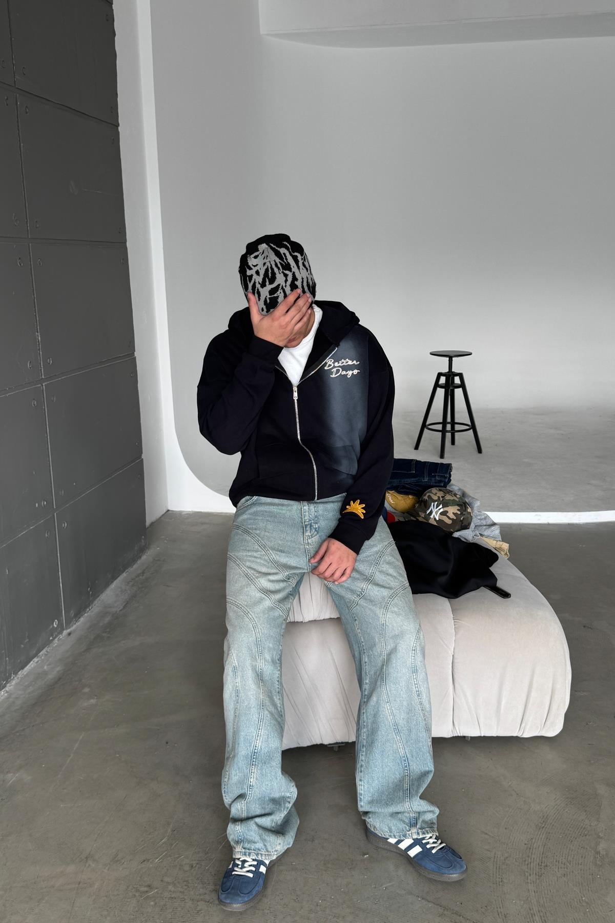 Acid Wash Better Nakışlı Siyah Oversize Zipper Sweatshirt SR01