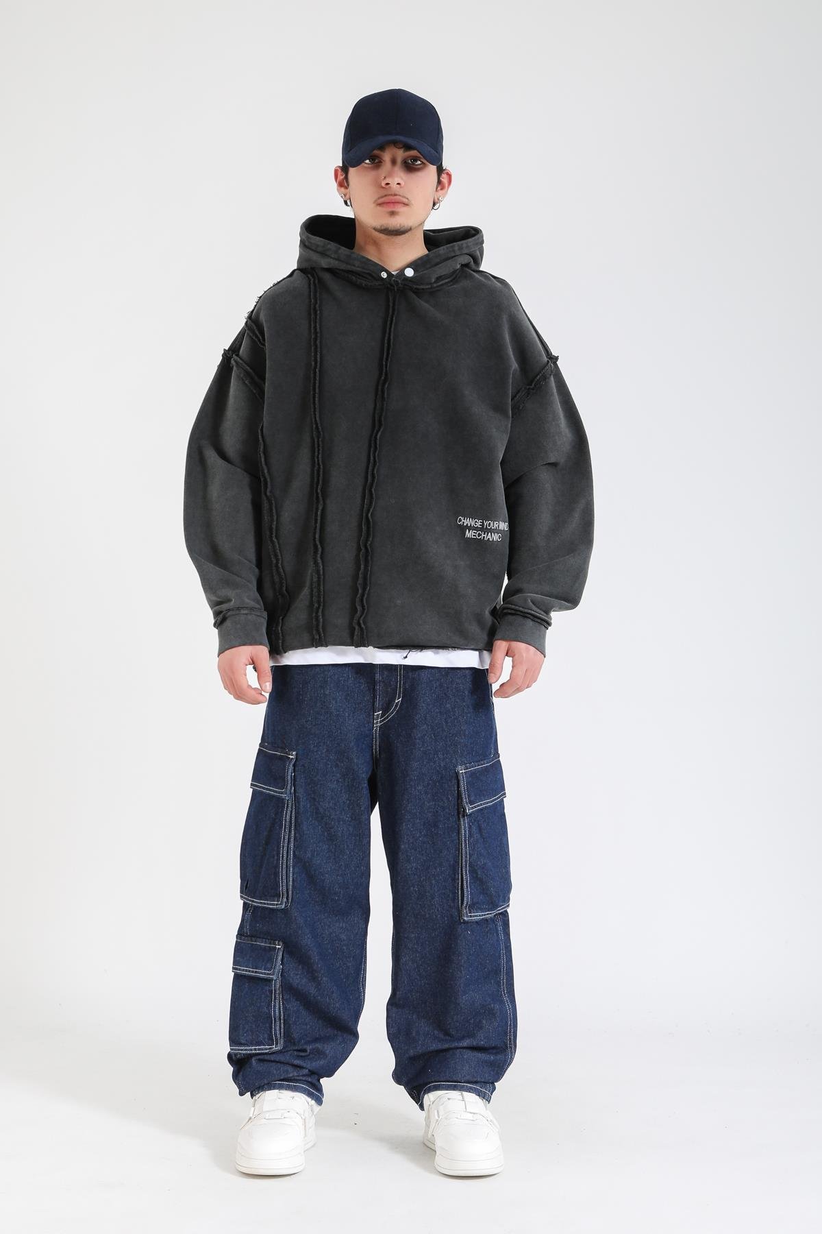 Acid Wash Change Ur Mind Nakışlı Oversize Hoodie SW1402
