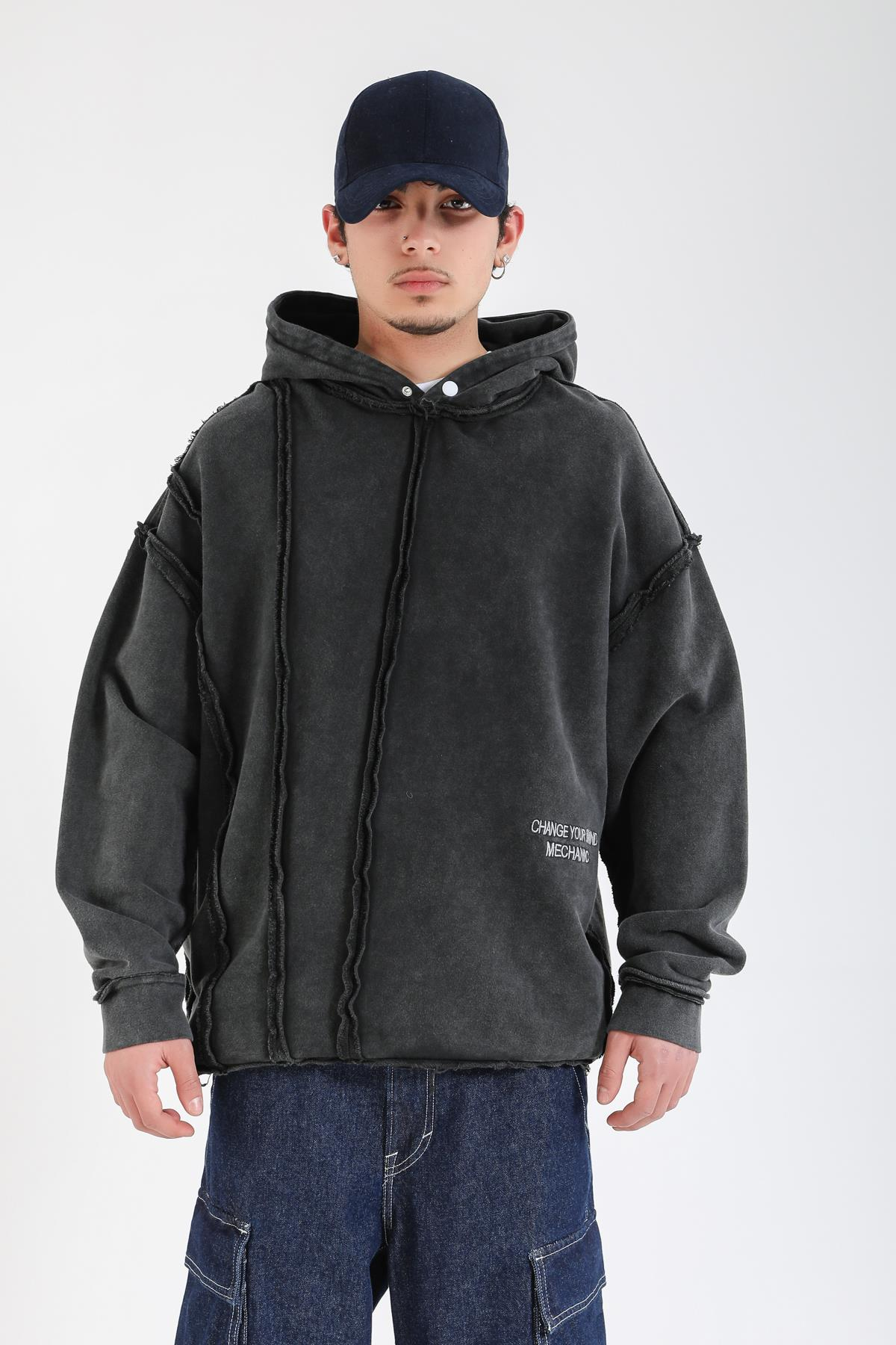 Acid Wash Change Ur Mind Nakışlı Oversize Hoodie SW1402