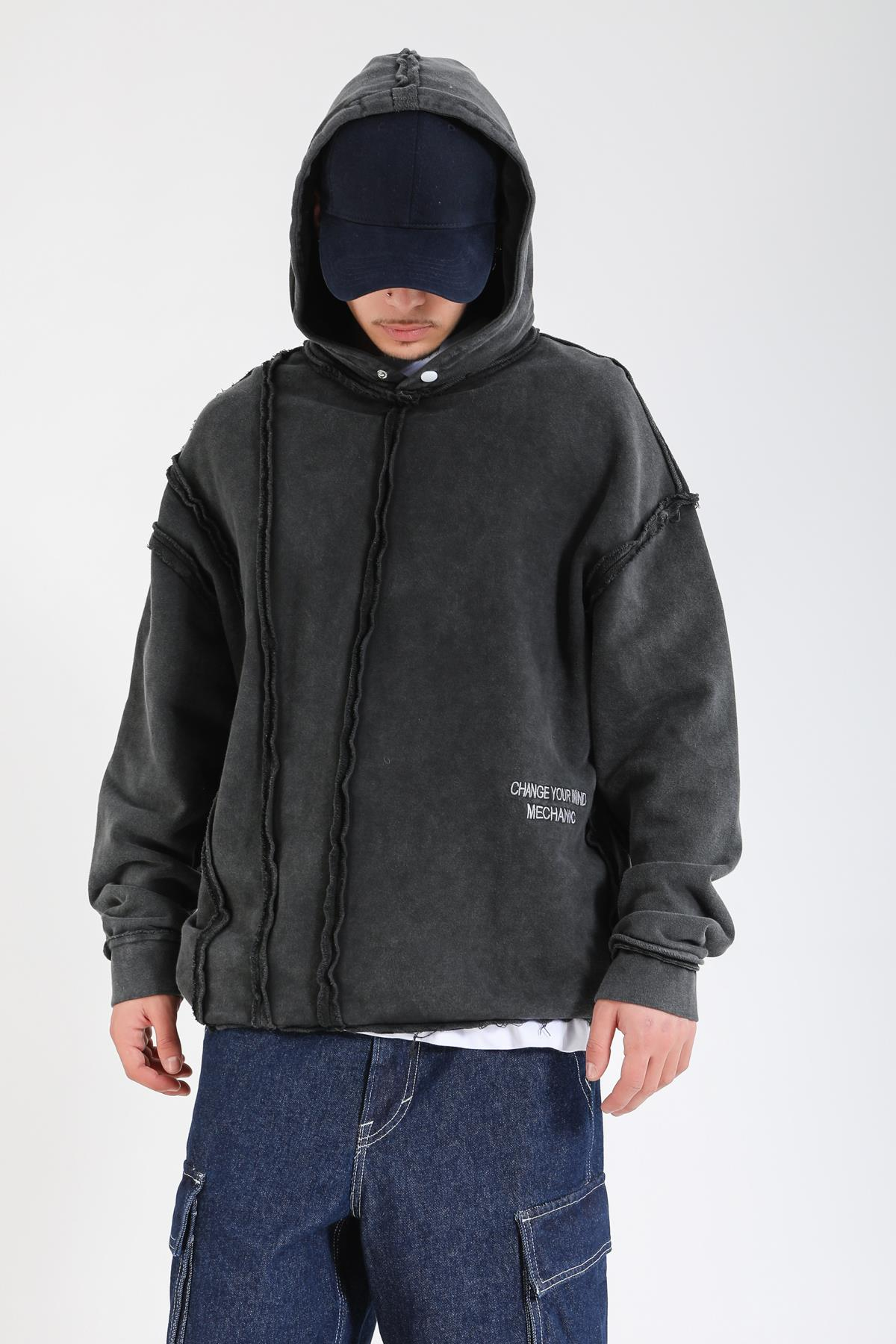 Acid Wash Change Ur Mind Nakışlı Oversize Hoodie SW1402