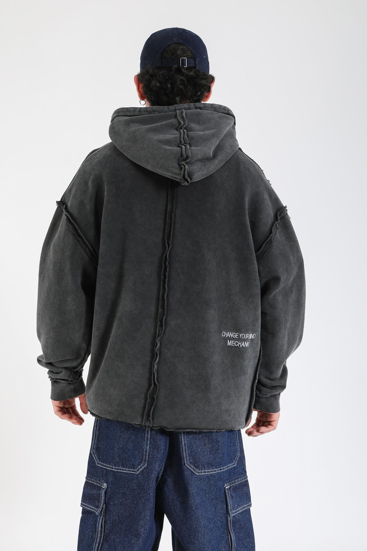 Acid Wash Change Ur Mind Nakışlı Oversize Hoodie SW1402