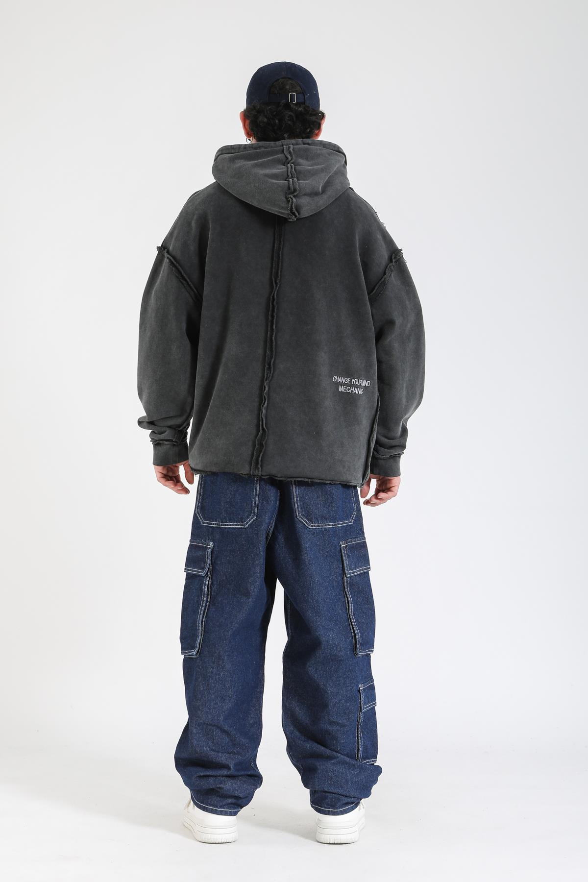 Acid Wash Change Ur Mind Nakışlı Oversize Hoodie SW1402