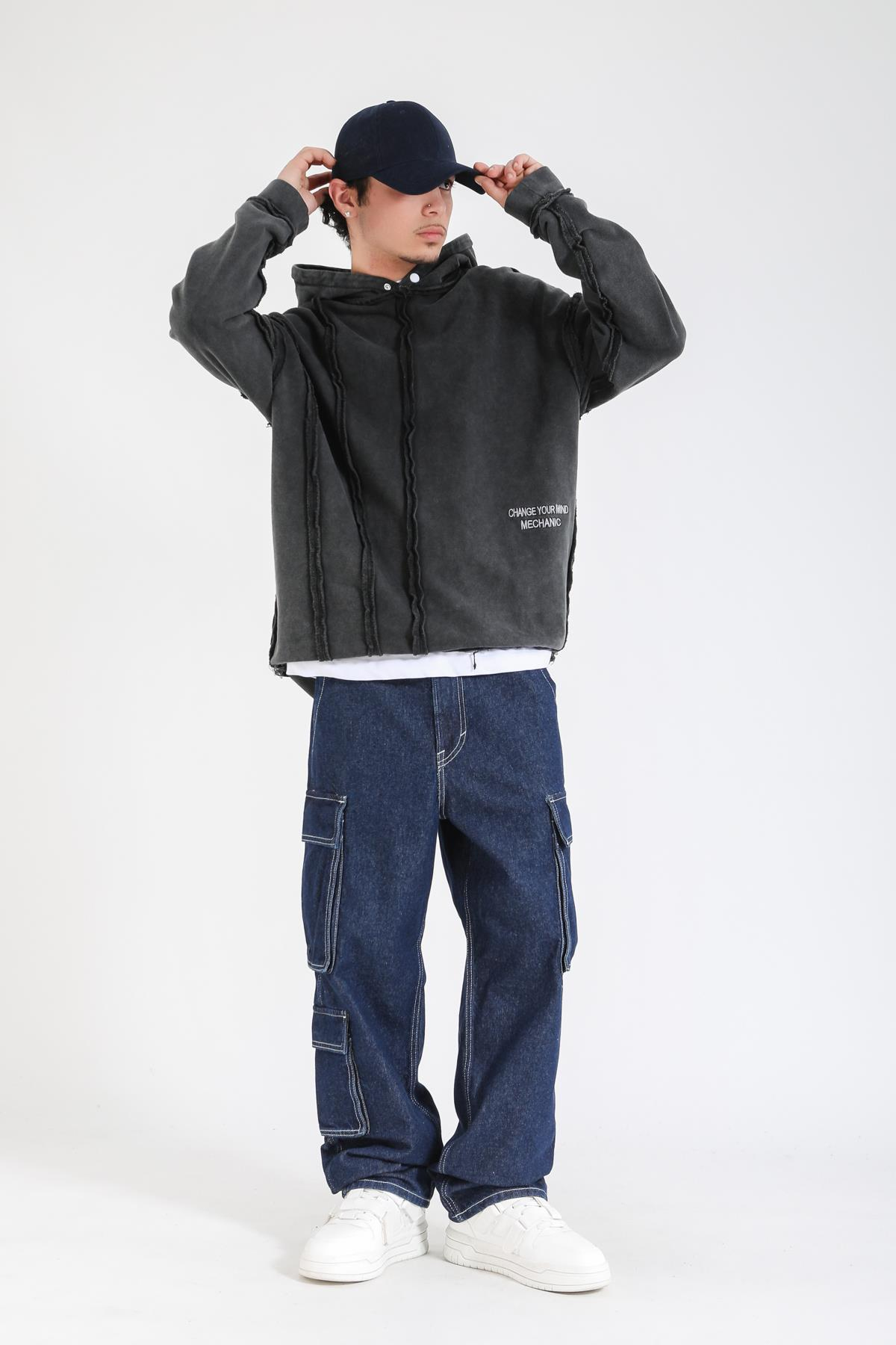 Acid Wash Change Ur Mind Nakışlı Oversize Hoodie SW1402