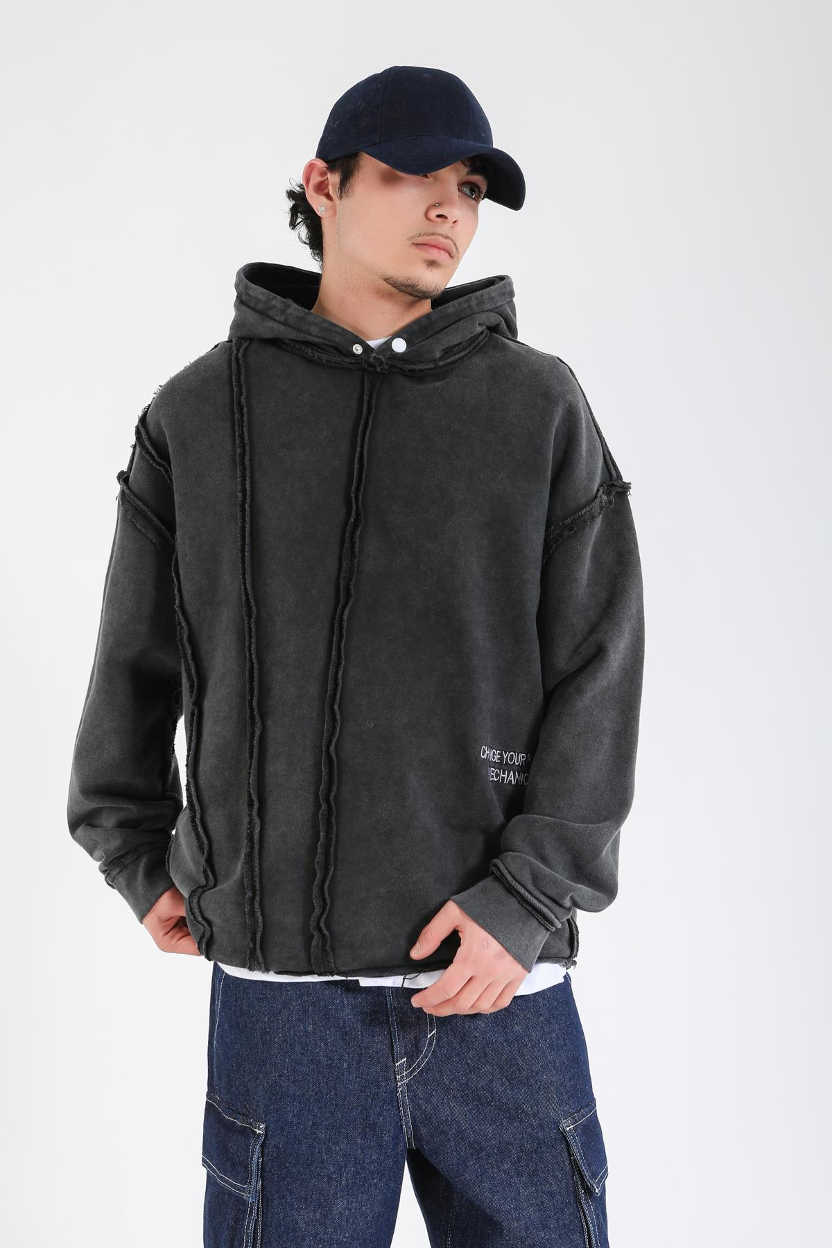 Acid Wash Change Ur Mind Nakışlı Oversize Hoodie SW1402